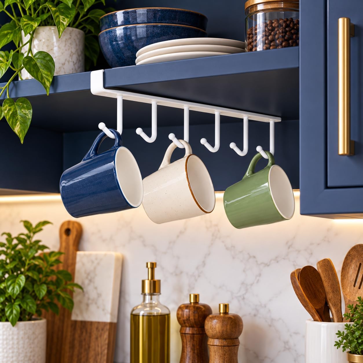 BNYD Under Cabinet Mug Holder 6-Hook Coffee Mug Rack, White Steel Organizer