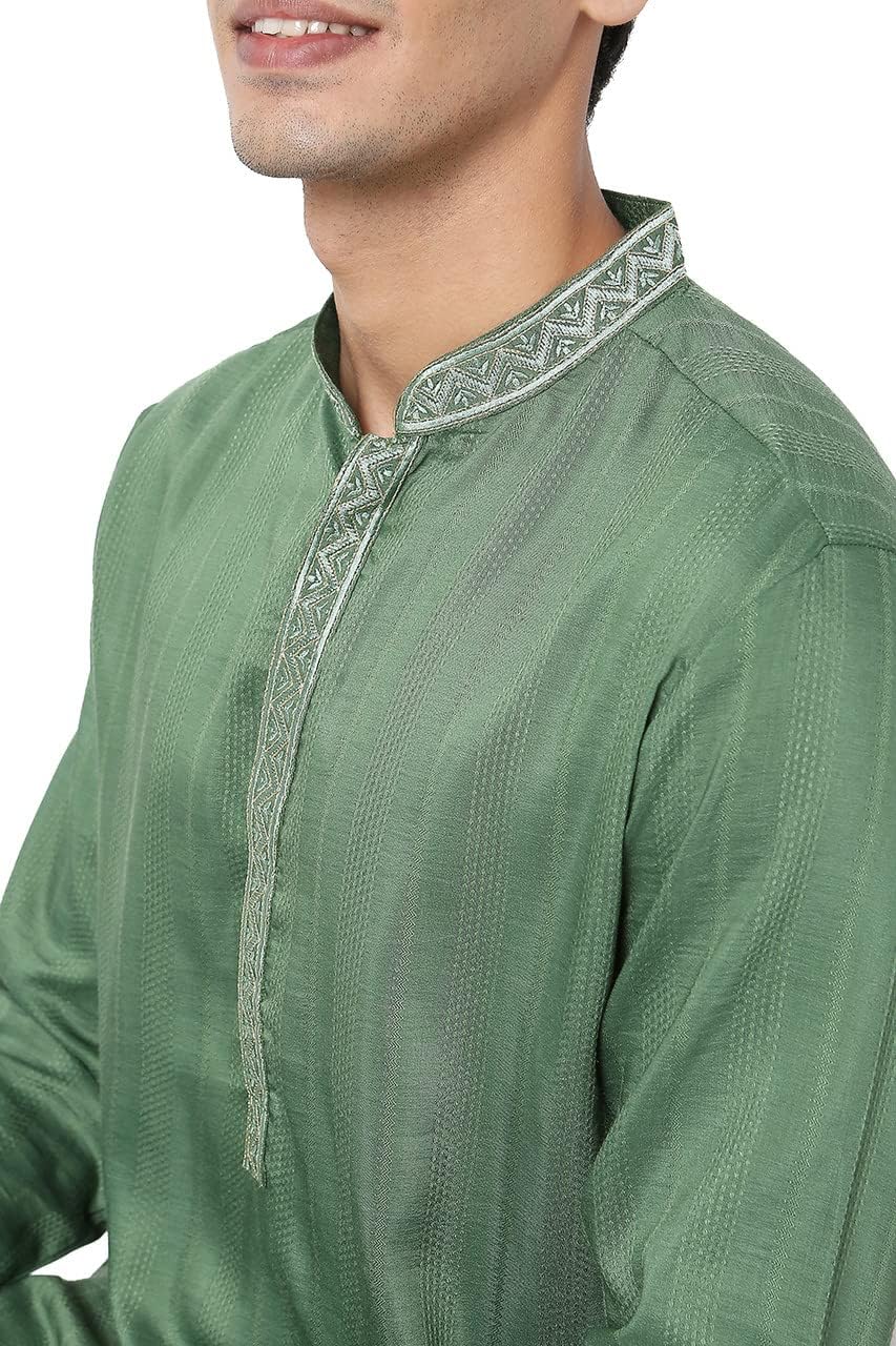 In-Sattva Men's Indian Embroidered Collar and Placket Striped Long Kurta Tunic; Jade Green; XL