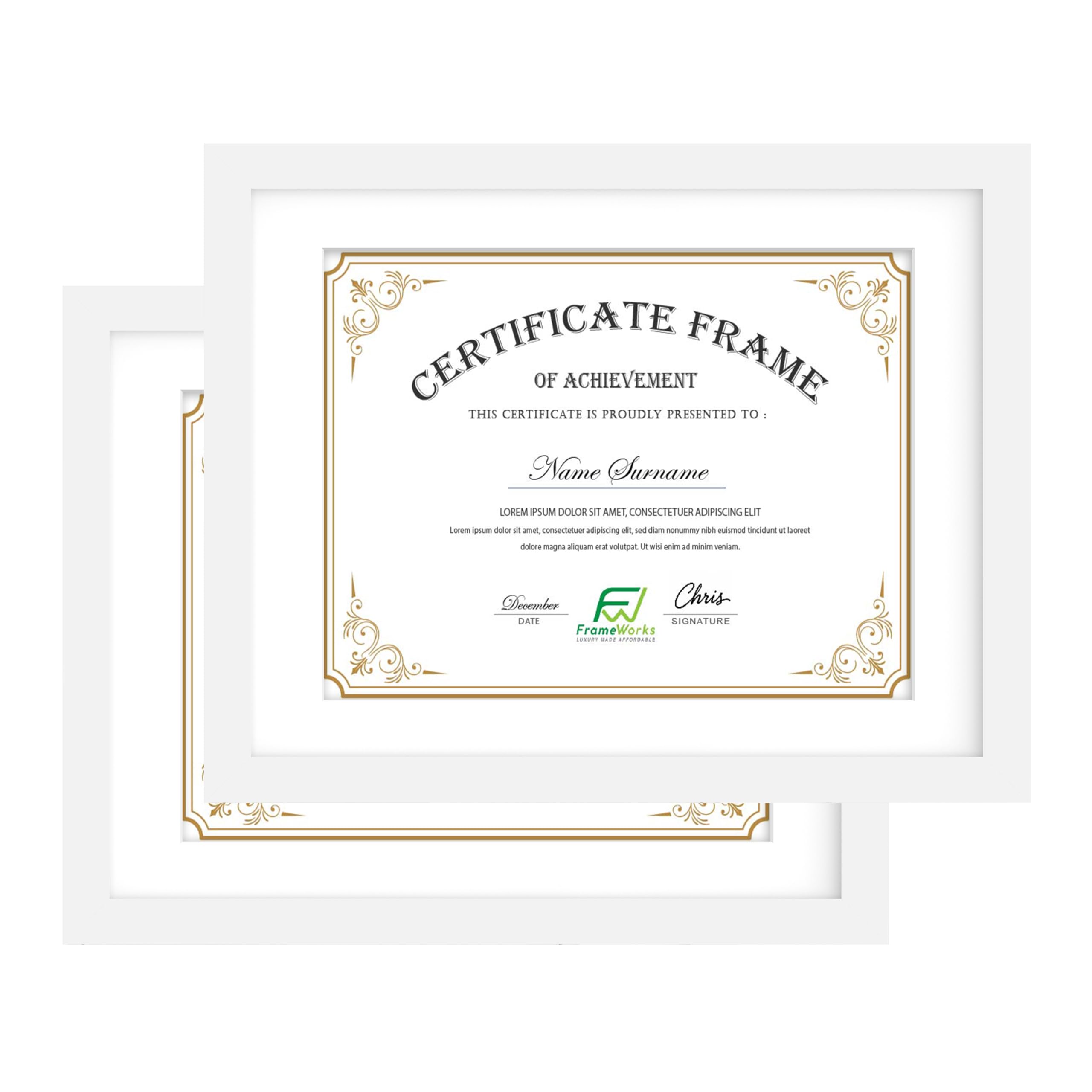FrameWorks - 2-Pack - 11"x14" Matted to 8.5"x11" Classic Wooden Document and Diploma Frames with Tempered Glass - White