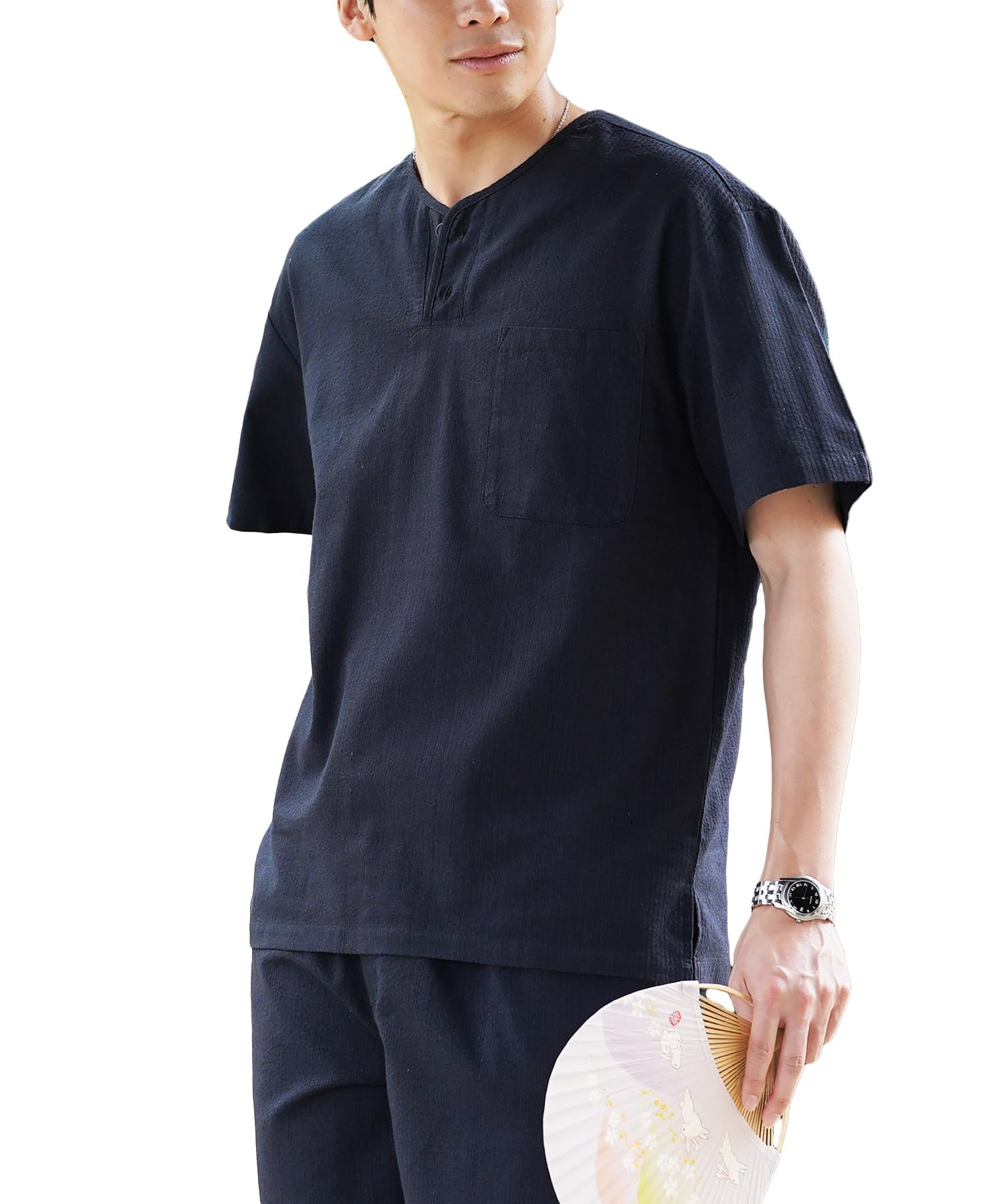 Jiggys Shop Jinbei Men's Top and Bottom Set, Jinbei, 100% Cotton, Kimono, Shijira Weave, Father's Day, Nightwear, Loungewear, Summer Clothing, Festivals, Fireworks, B Indigo Shijira (Henley Neck) : Cl