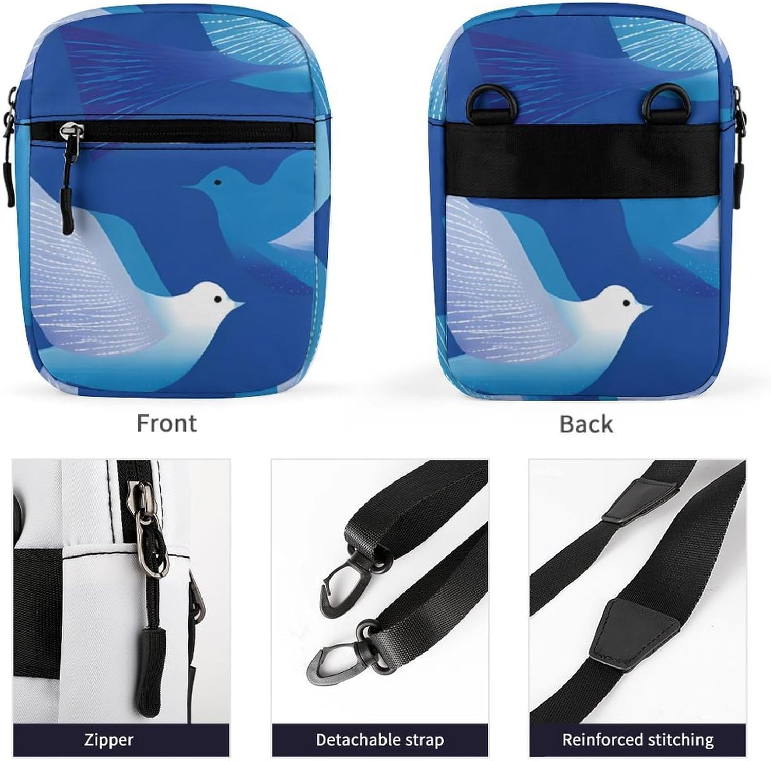 Pigeons Blue Geometry Small Crossbody Bag Sling Shoulder Satchel | for women men,work travel workout,detachable and adjustable shoulder strap
