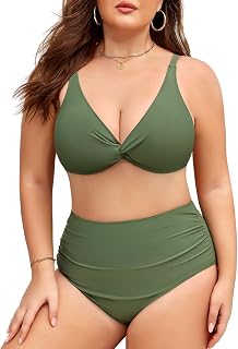 Women's Bikini Set Large Sizes V Neck Push Up Two Piece Swimsuit High Waist Tummy Control Bikini Large Bust Women Plus Size Swimsuit Army Green XXL Große Größen Tall