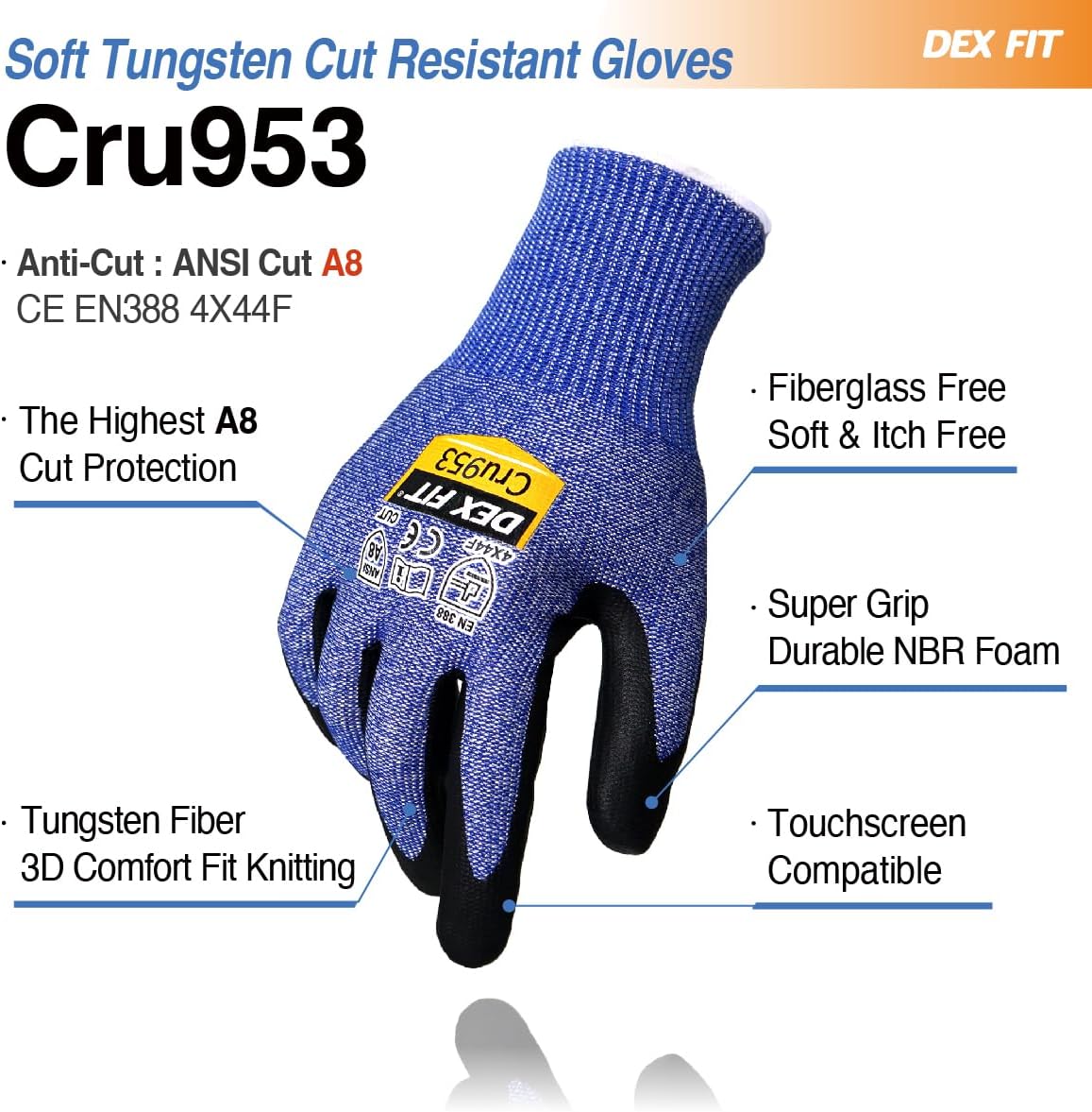 DEX FIT Cut Resistant Gloves Cru953 - Level A8 Tungsten Protection, Itch-Free 3D Comfort Fit, Durable Grip, Thin & Breathable, Touchscreen, Ideal for Tough Handling & Cutting; Steel Blue L