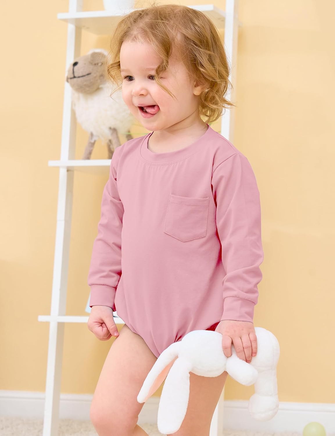 Jimonda Baby Boy Girl Bubble Romper Long Sleeve Cotton Crewneck Sweatshirt with Pocket,Solid Color Bodysuit Newborn Outfit
