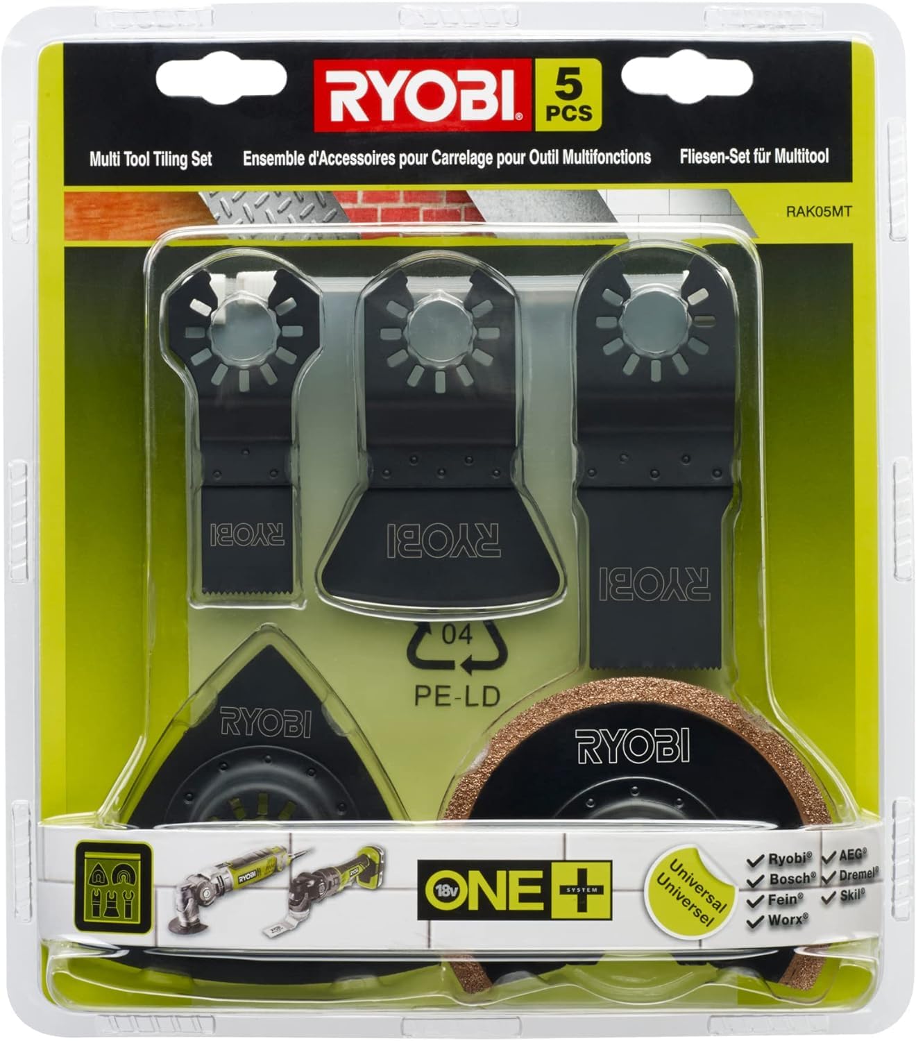 Ryobi - Outil multifonctions 18 V One+ sans batterie ni chargeur 10000-20000 osc/min tête 5 positions - R18MT-0 & Kit Spécial Carrelage 5 Pièces Multitool RAK05MT