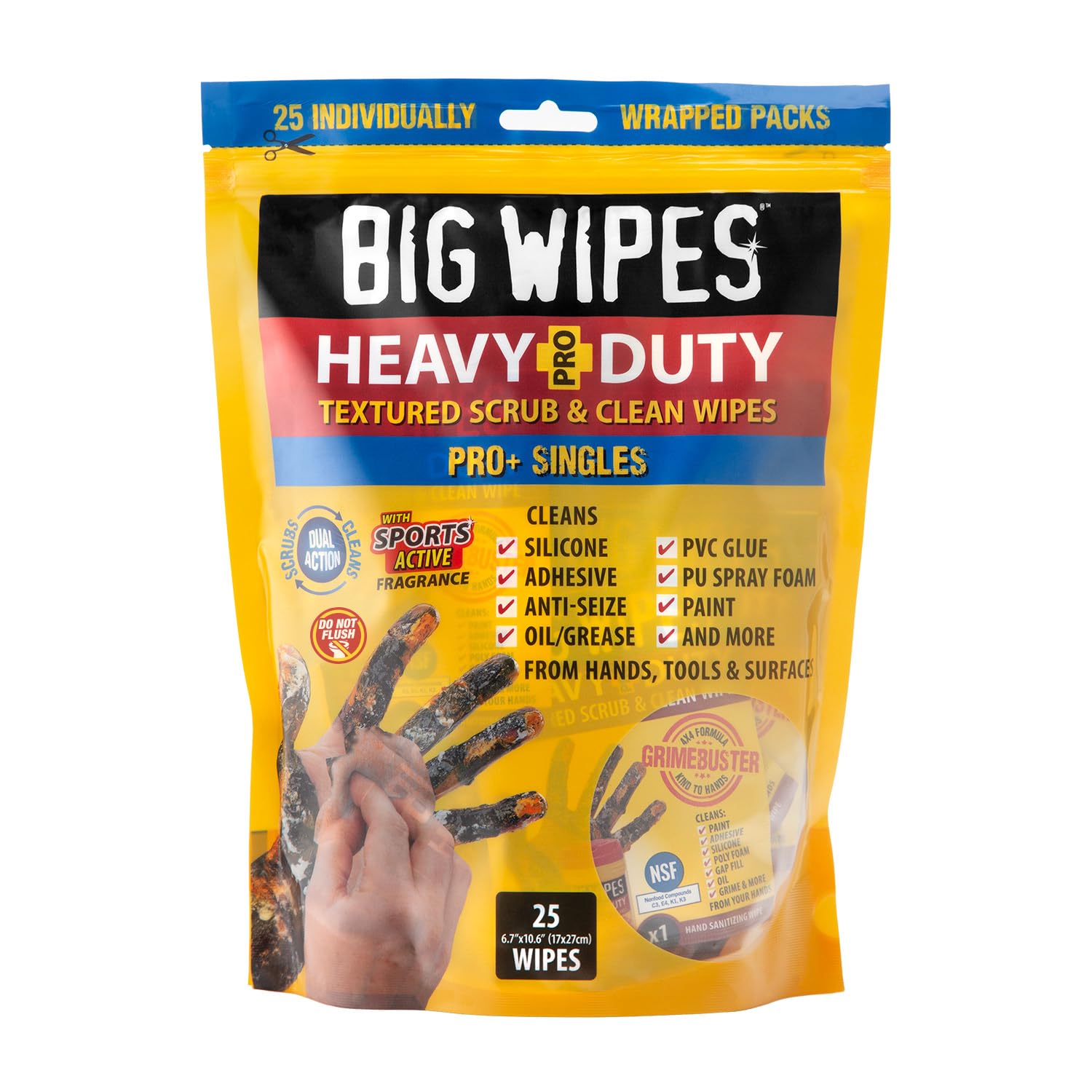BIG WIPES Heavy Duty Industrial Hand Cleaning Wipes, Textured Scrubbing Degreaser Wipes for Mechanics and Tool Cleaner – 25 Single Wipes (2 Pack)