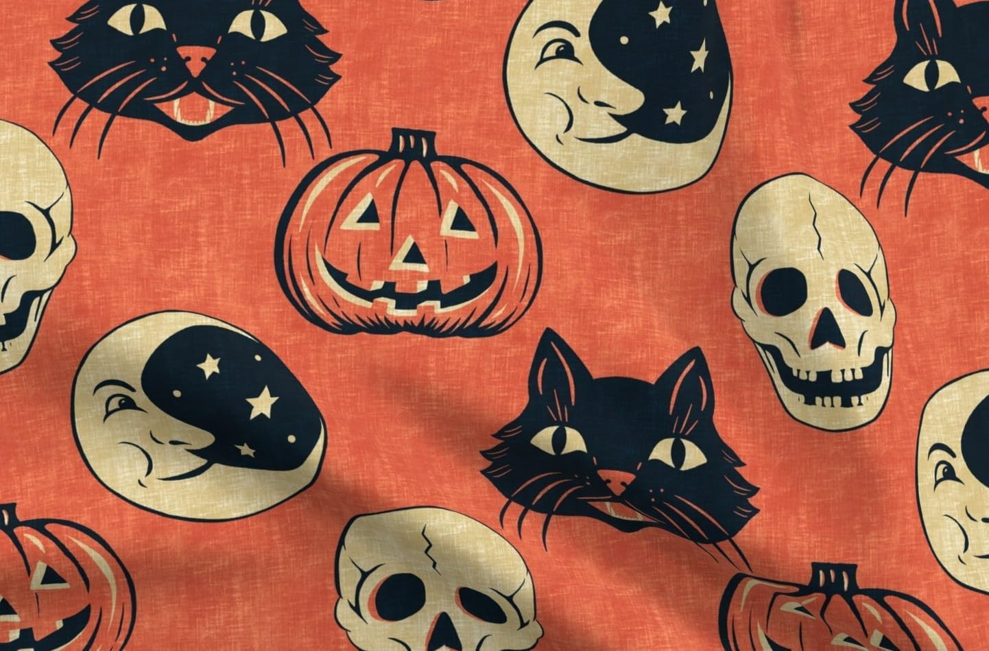 Spoonflower Fabric - Jumbo Halloween Orange Pumpkins Black Cats Spooky Skulls Retro Moon Printed on Petal Cotton Fabric Fat Quarter - Sewing Quilting Apparel Crafts Decor
