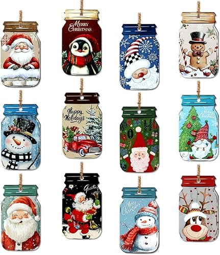 12 piezas de decoración de árbol de Navidad y escena de fiesta, decoración de pared de Navidad en forma de tarro de albañil de invierno, vintage,