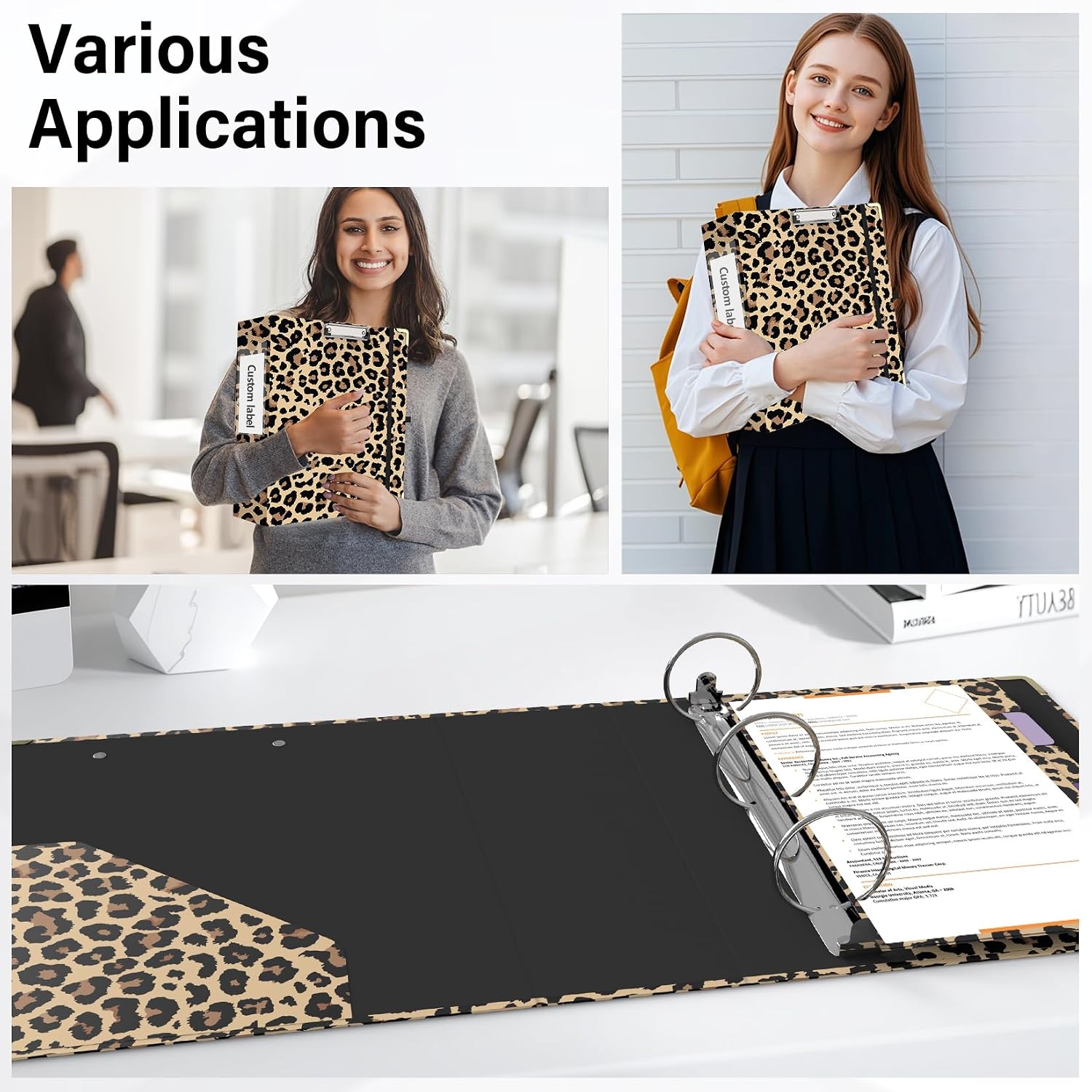 3 Ring Binder 3 Inch Round Ring Binder with 6 Tab Dividers，2 Interior Pockets，Cute Binder Clipboard with Storage, for School Office, Portfolio Organizer with Labels(Cheetah Spots)