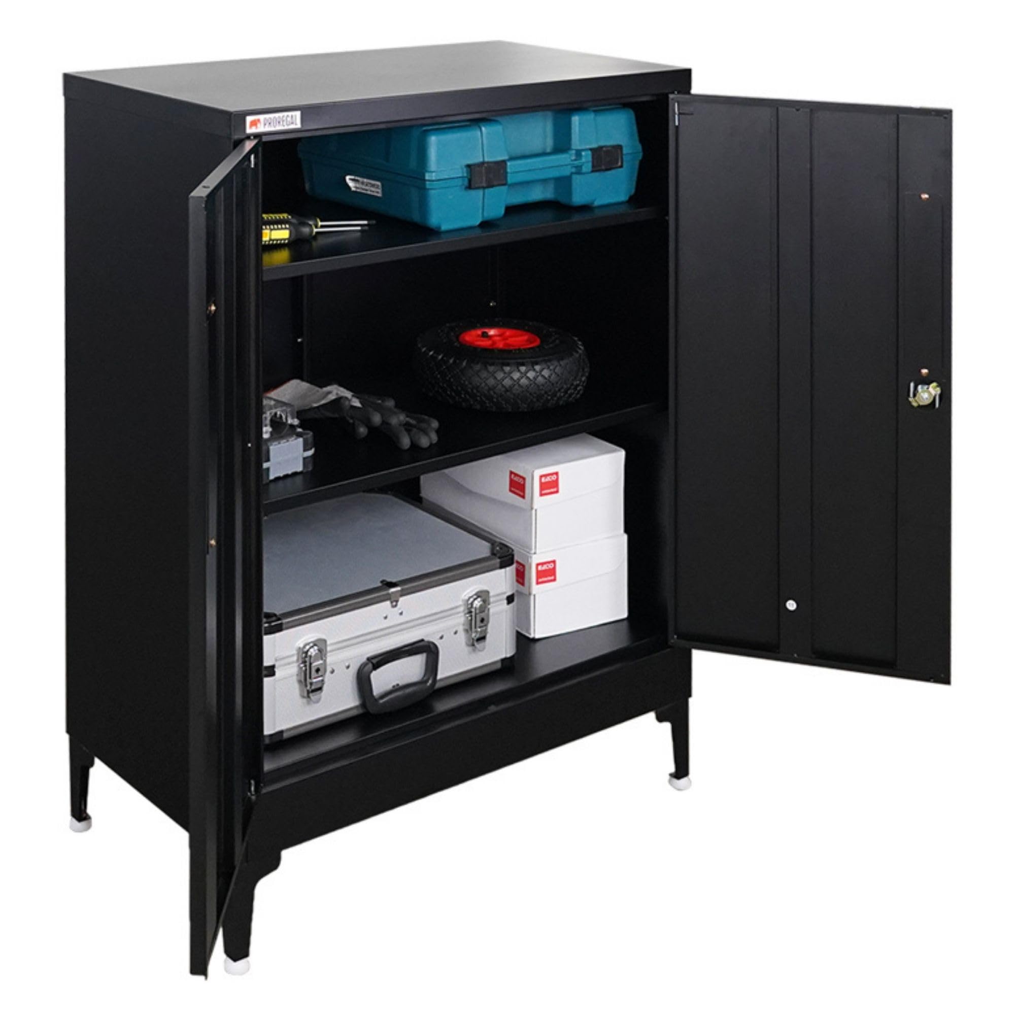 PROREGAL Aktenschrank Elephant abschließbar aus Metall mit Beinen & 2 Türen 80 cm breit 2 Ebenen Schwarz Mehrzweckschrank 103x80x40cm Büroschrank Metallschrank Aufbewahrungsschrank Ordnerschrank