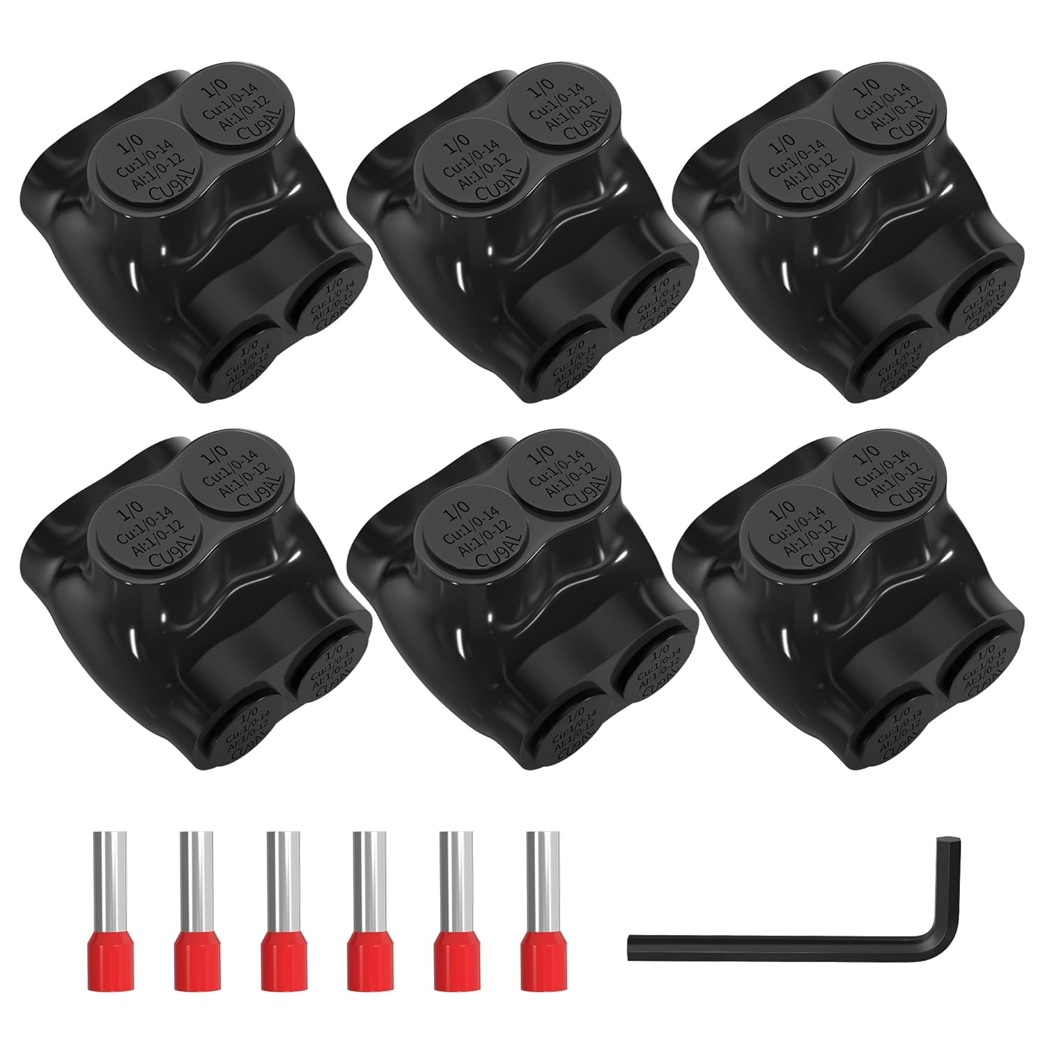 Joinfworld 2 Port Insulated  Splice Connectors 2-14 AWG Aluminum to Copper Wire Connectors Dual Entry Black Electrical Cable Connectors with 5/32" Slotted Allen Hex - 6 Pack