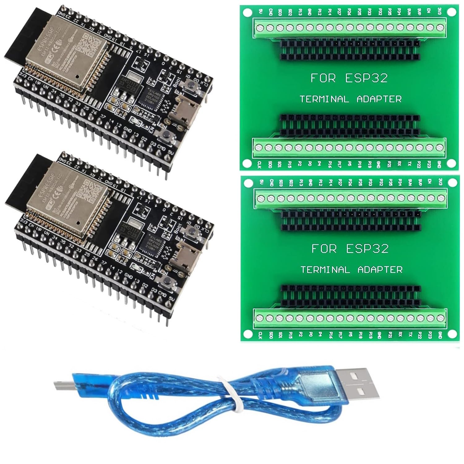 BAKODEIOP 2Pcs ESP32 ESP32-WROOM-32D ESP32 V4 Modul 2.4GHz Dual-Mode WiFi+ Bluetooth Dual Cores Microcontroller Processor, with one Breakout Board(32D Sets)