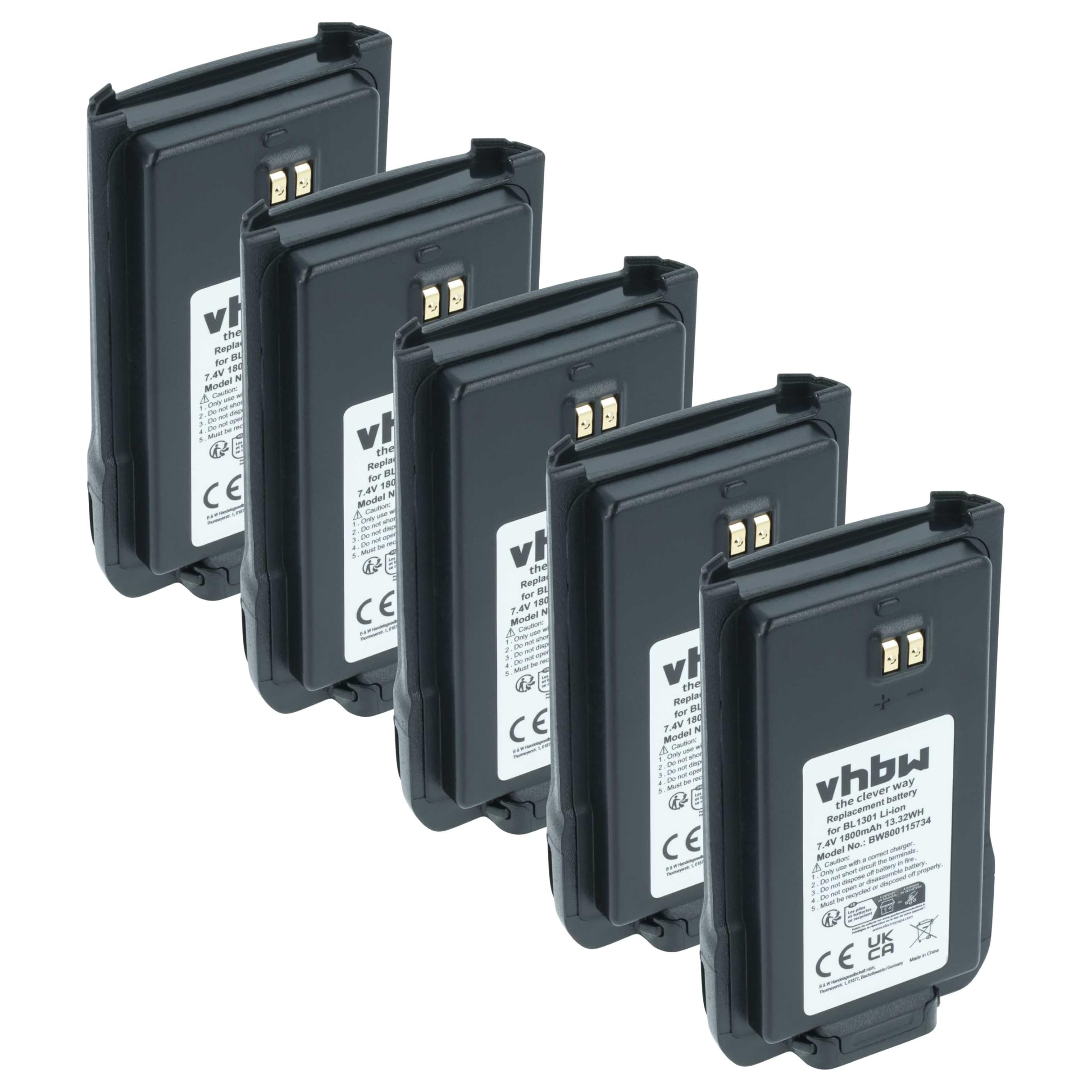 vhbw 5 x akumulator zamienny do Hyt/Hytera BL2407, BL1301, BL1719 do krótkofalówki, Walkie Talkie (1800 mAh, 7,4 V, Li-Ion)