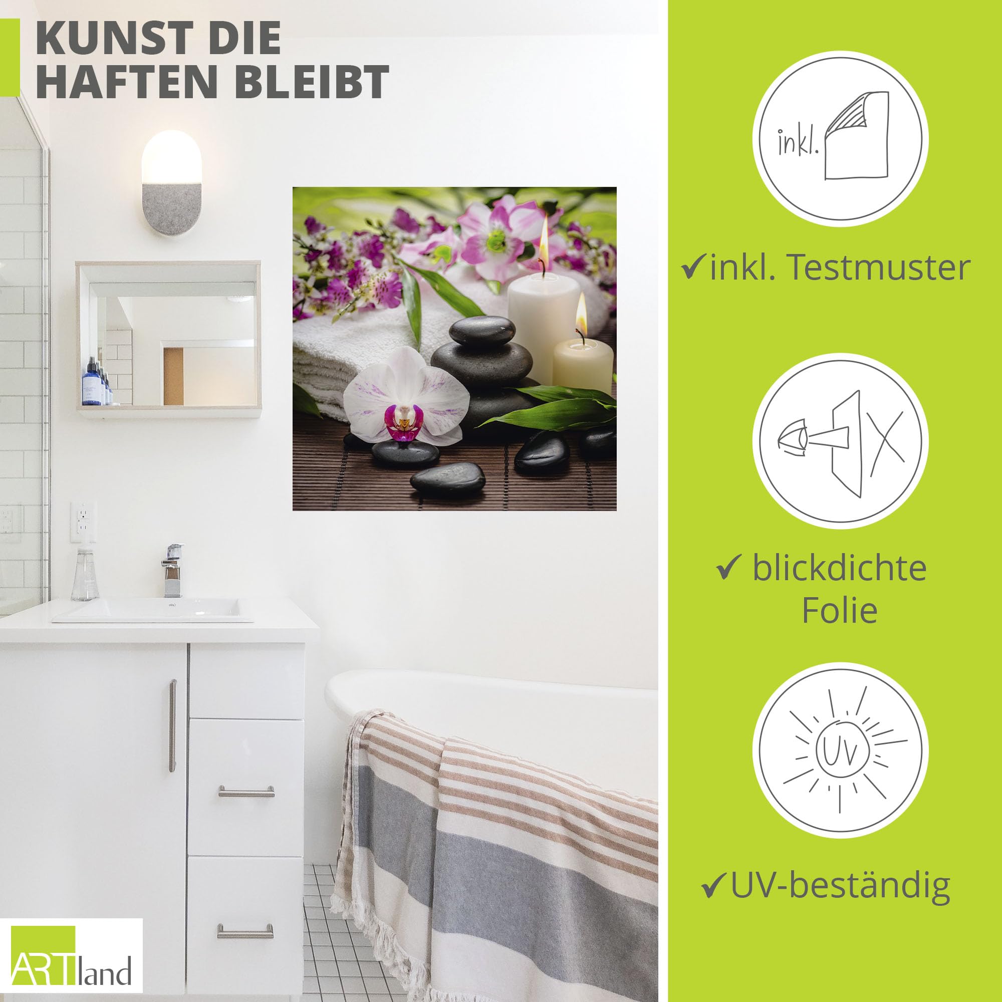 ARTland Wanddeko Wandtattoo selbstklebende Vinylfolie 70x70 cm Quadratisch Asien Wellness Zen Steine Spa Orchideen Blüte Rosa K3AD