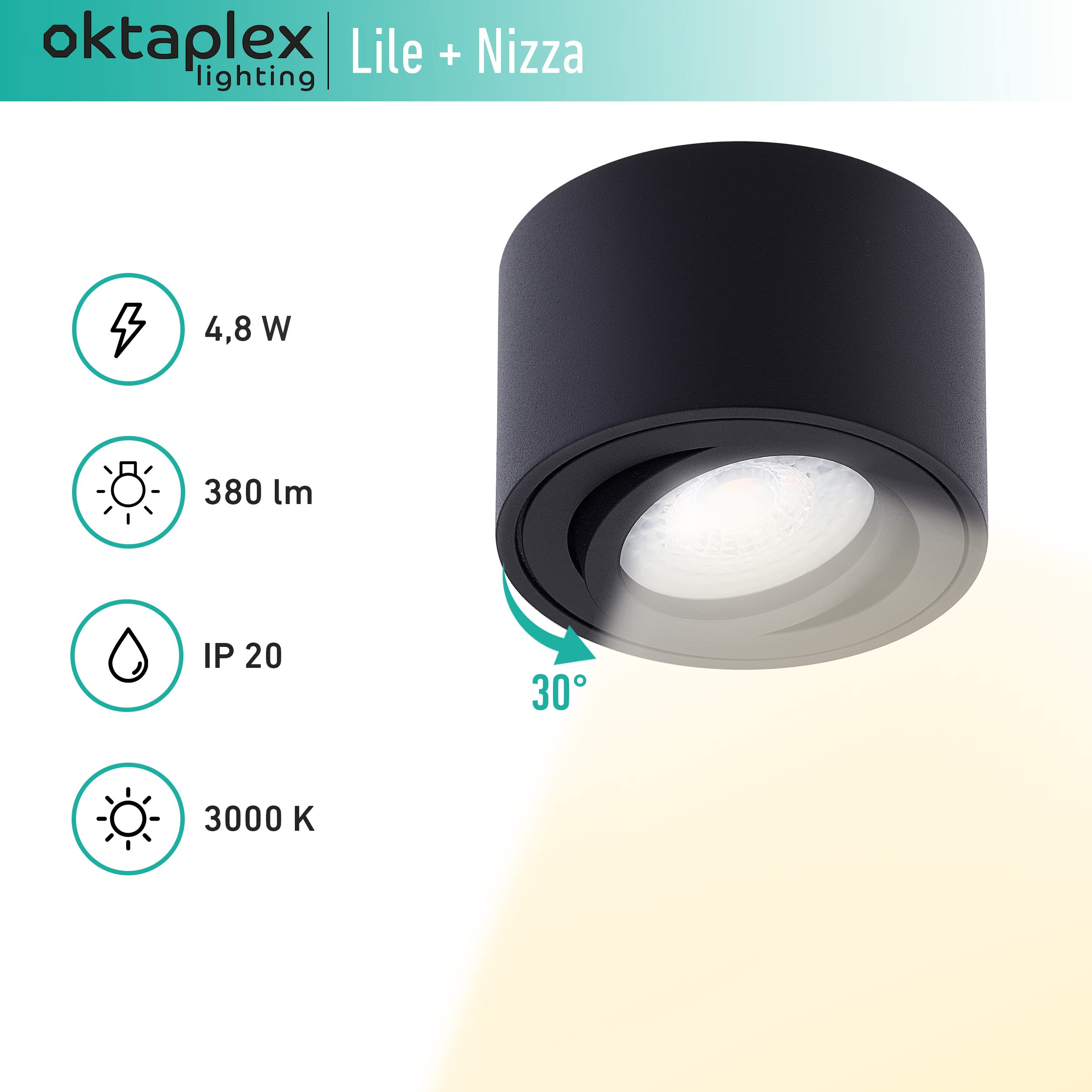 Oktaplex 9 unità faretto da superficie Lile Black - incl. modulo LED 4,8W 230V 3000K Bianco caldo 80x50mm Faretto da superficie Faretto da superficie Alluminio orientabile