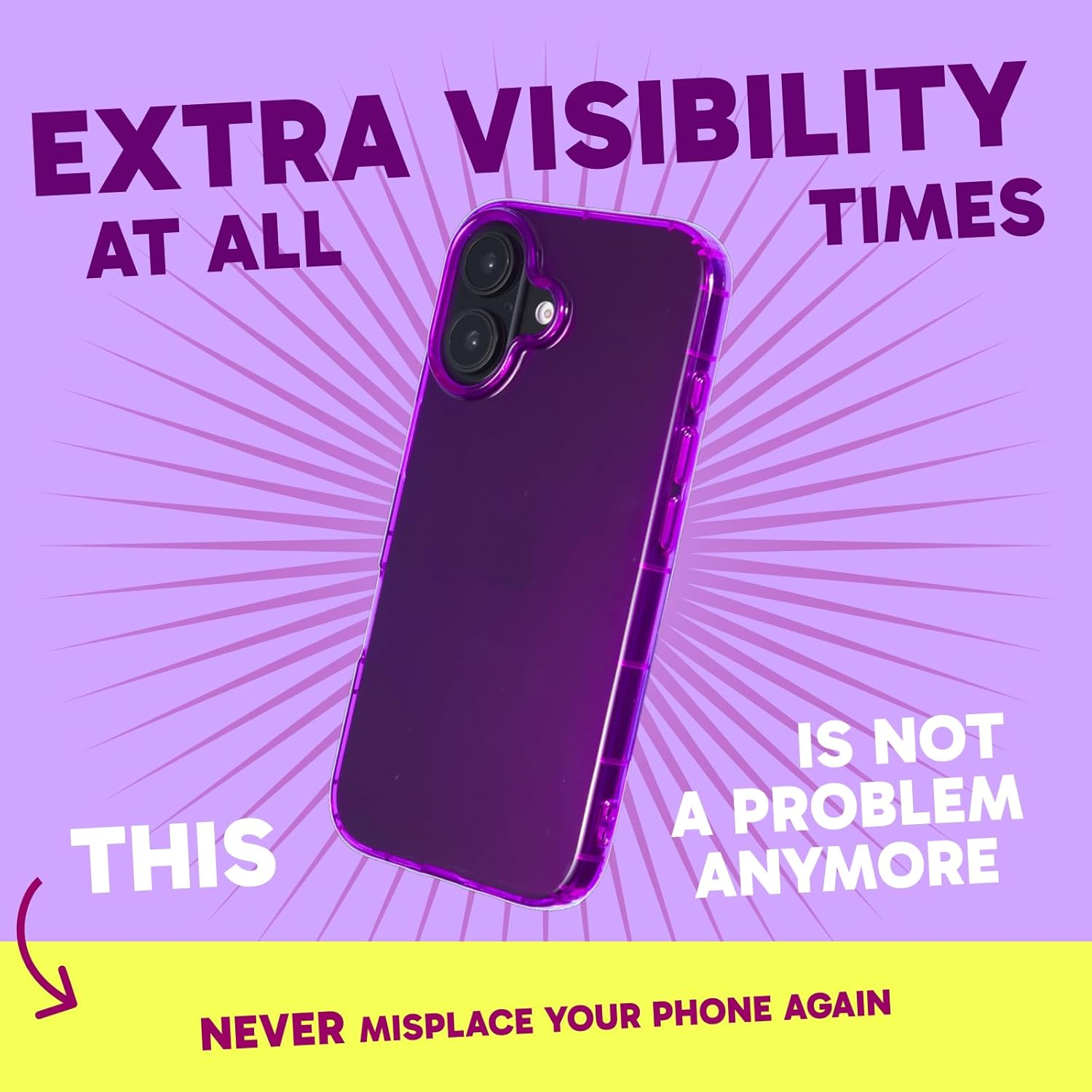 SteepLab Neon Highlighter Case for iPhone 16 Plus - The Grippy Jelly Case w/Protective Air Pockets (Saturated Vivid Purple)