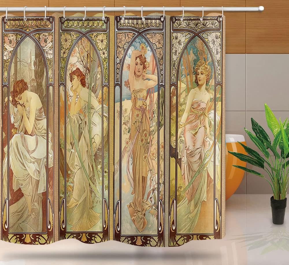 Art Nouveau Lady Shower Curtain, Aesthetic Art Times of The Day, Night's Rest, Evening Reverie, Daybreak, Morning Awakening Fabric Shower Curtains YLYYNT2418 (7272)