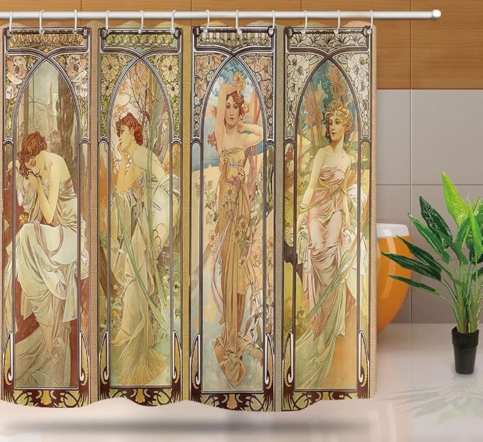 YLYYNT2418 (7272) Jugendstil-Duschvorhang, ästhetische Kunstzeiten des Tages, Nachtruhe, Nacht, Tagesanbruch, Morgenerwachen, Stoff-Duschvorhänge mit Haken