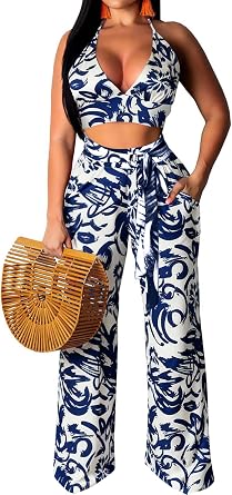 Women 2 Piece Floral Print Outfit for Women Sexy Top&Wide Leg Pants Sets | Vacation Outfits for Women Summer Halter VNeck Backless Crop Top& Long Pants for Beach