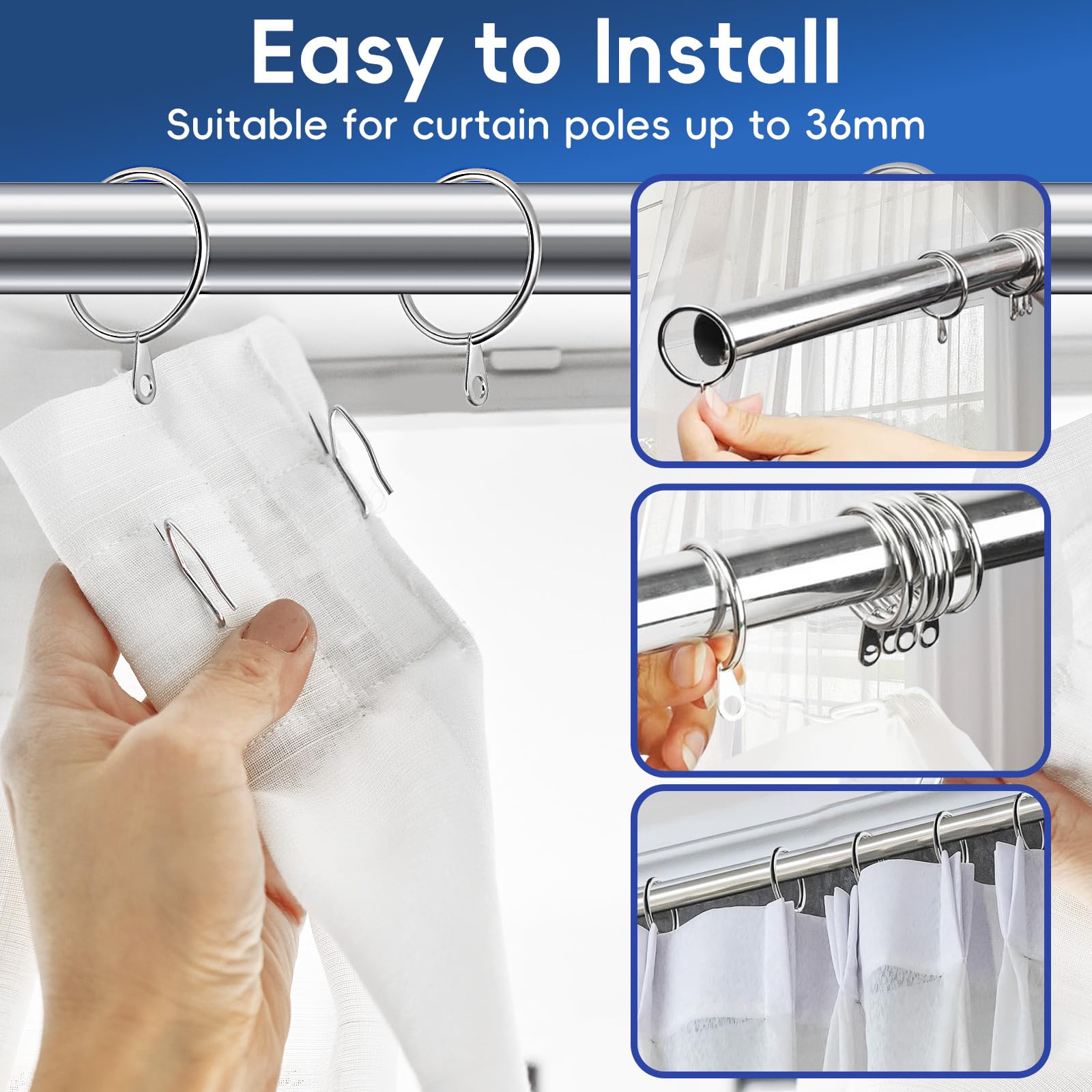 winbest 60 Pack Curtain Rings, 38mm Internal Diameter Metal Curtain Rings Silver Hanging Curtain Pole - Image 4