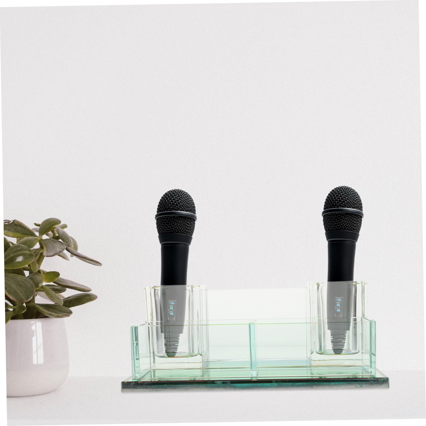 Base per Microfono da Tavolo in Cristallo a 2 Slot | Supporto Stabile per Microfono Wireless, Adatto per Casa e Spettacoli, Struttura Compatta Salvaspazio