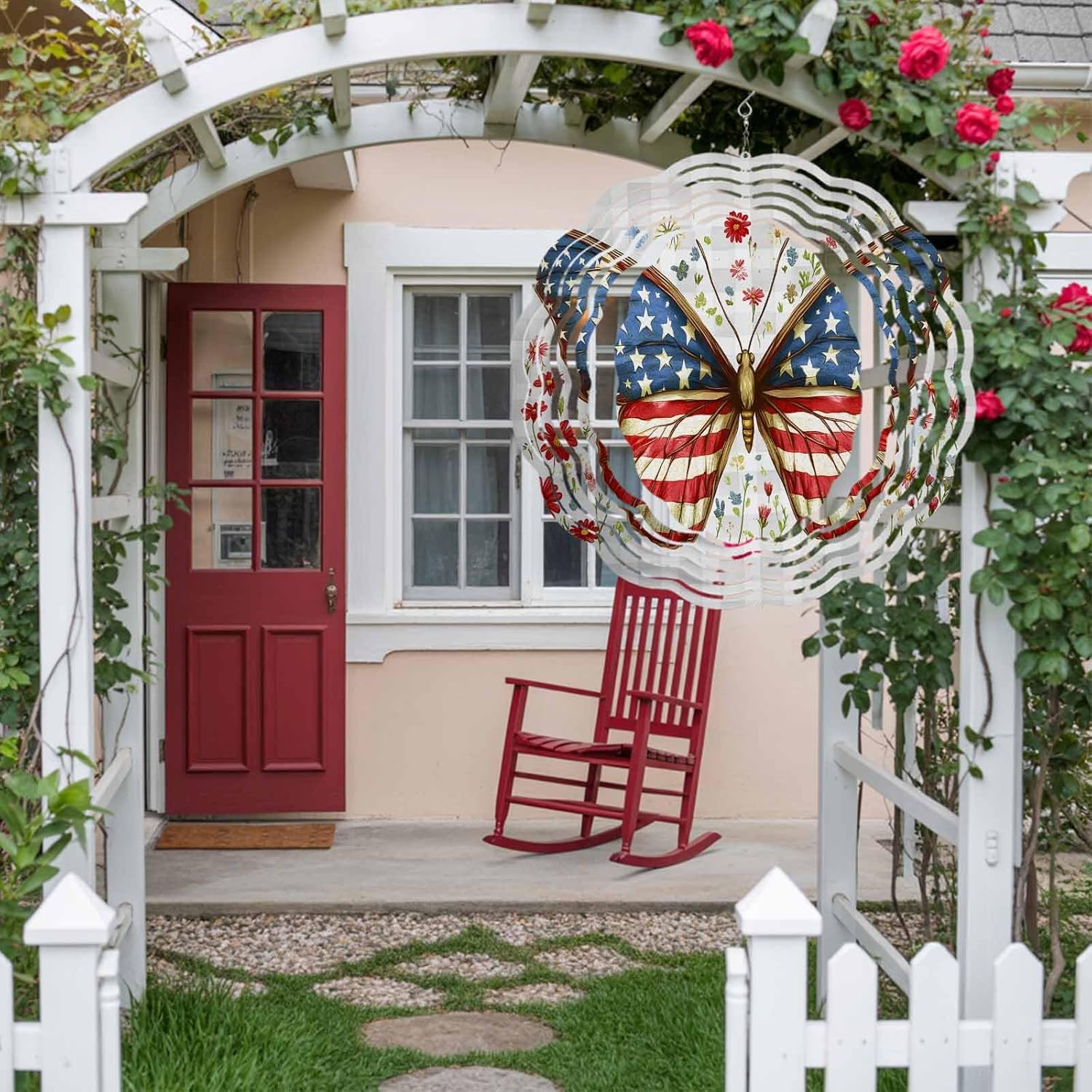 Retro American Flag Butterfly Wind Spinner for Garden Yard 3D Stainless Steel Hanging Wind Spinners, Independence Day Grey Plaid Flower Spinners Outdoor Metal Decor for Lawn Patio Home