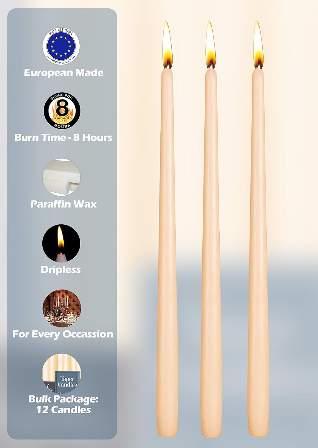 12 Pack Tall Taper Candles - 10 Inch Cream Dripless, Unscented Dinner Candle - Paraffin Wax with Cotton Wicks - 8 Hour Burn Time