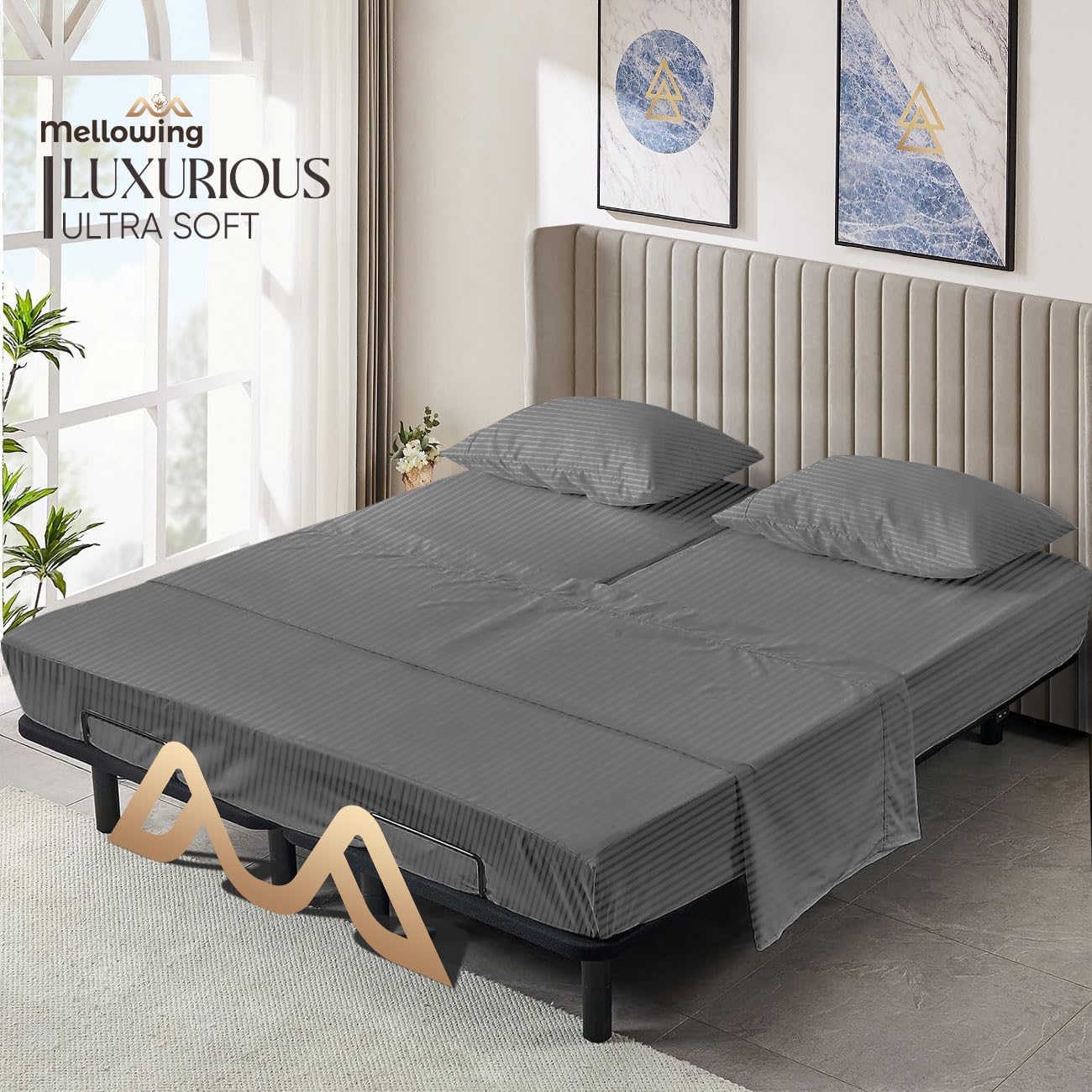800 TC Top Split Head King Sheets for Adjustable Beds Split Head Flex Sheet Set 100% Cotton 4 Piece Hotel Luxury Half Split Sheet Set Fits Up to 15" Deep Mattress (King 30"- Dark Grey Stripe)