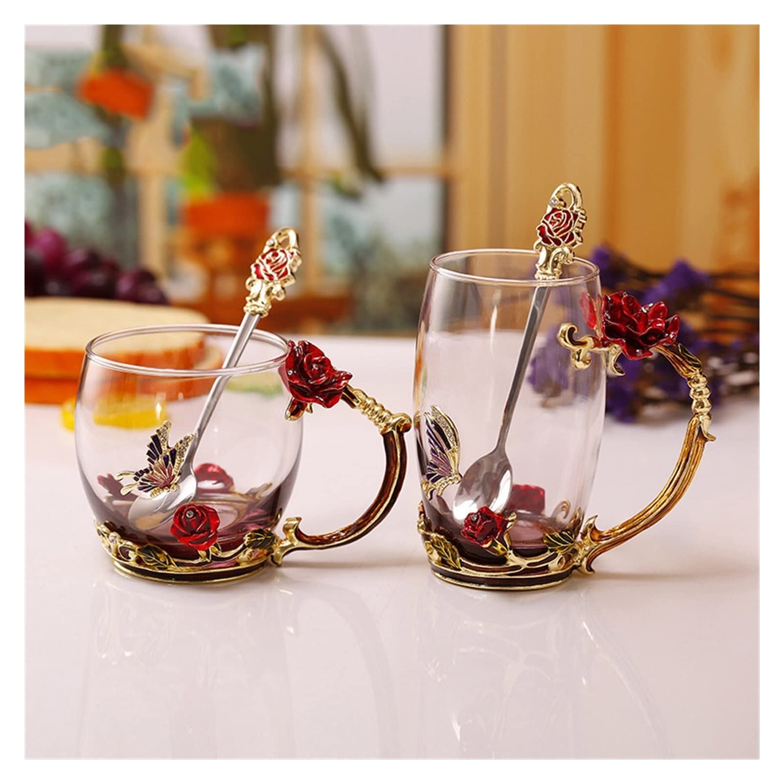 Kaffeetassen mit Untertassen,Tassen & Untertassen Emaille Kaffee Teetasse Becher 3D Rose Butterfly Glas Tassen Hochzeitsgeschenk(Blue Short with spoo)