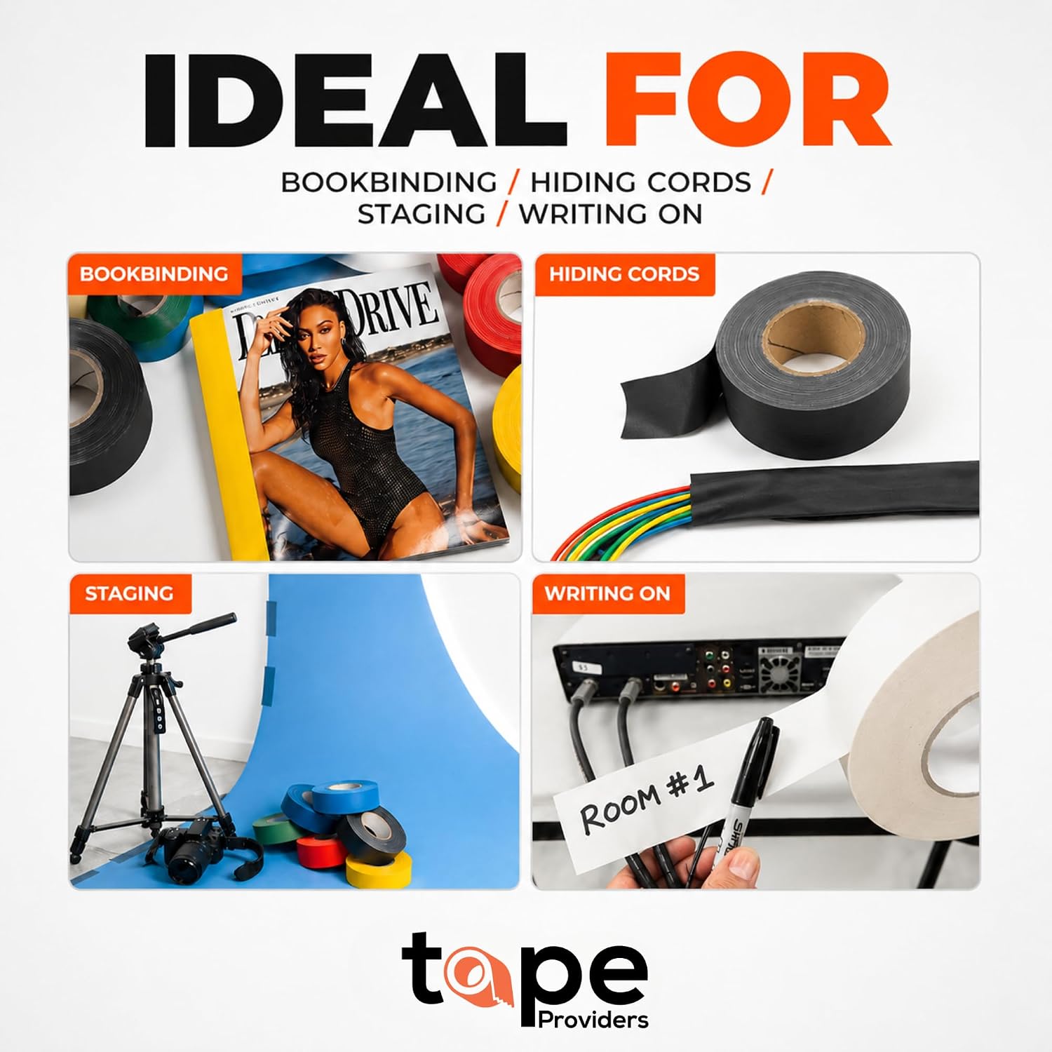 WOD Gaffer Tape, Black Low Gloss Finish Film, 1/2 inch x 60 ft. Residue Free, Non Reflective Cloth Fabric, Secure Cords, Water Resistant, Photography, Filming Backdrop, Production