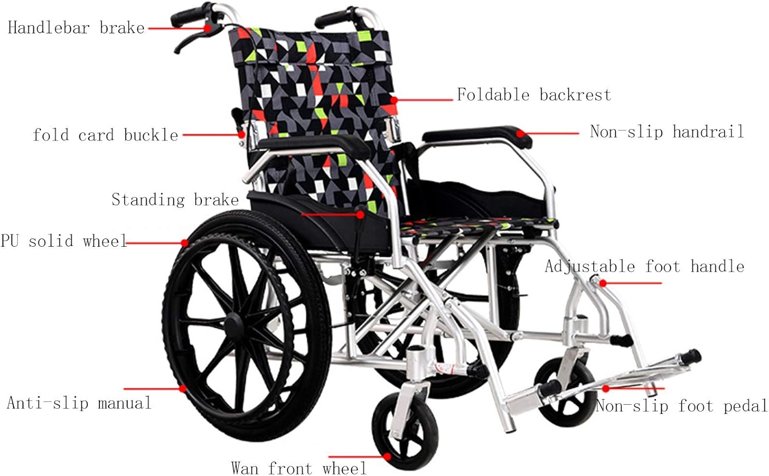jianchi Aluminum Manual Wheelchair, All Terrain Lightweight Folding Self Propelled Wheelchair 45cm Seat Width Elderly Handicapped Portable Wheelchair Manual Wheelchair : Health & Household