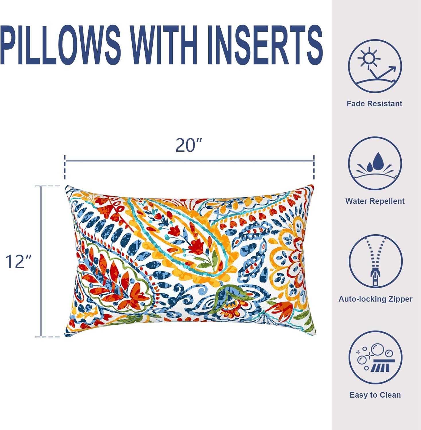 Outdoor Lumbar Pillows, Water Repellent Cushion Pillows 12x20 Inch, Outdoor Pillows with Inserts for Home Garden, Pack of 2, Paisley Multi