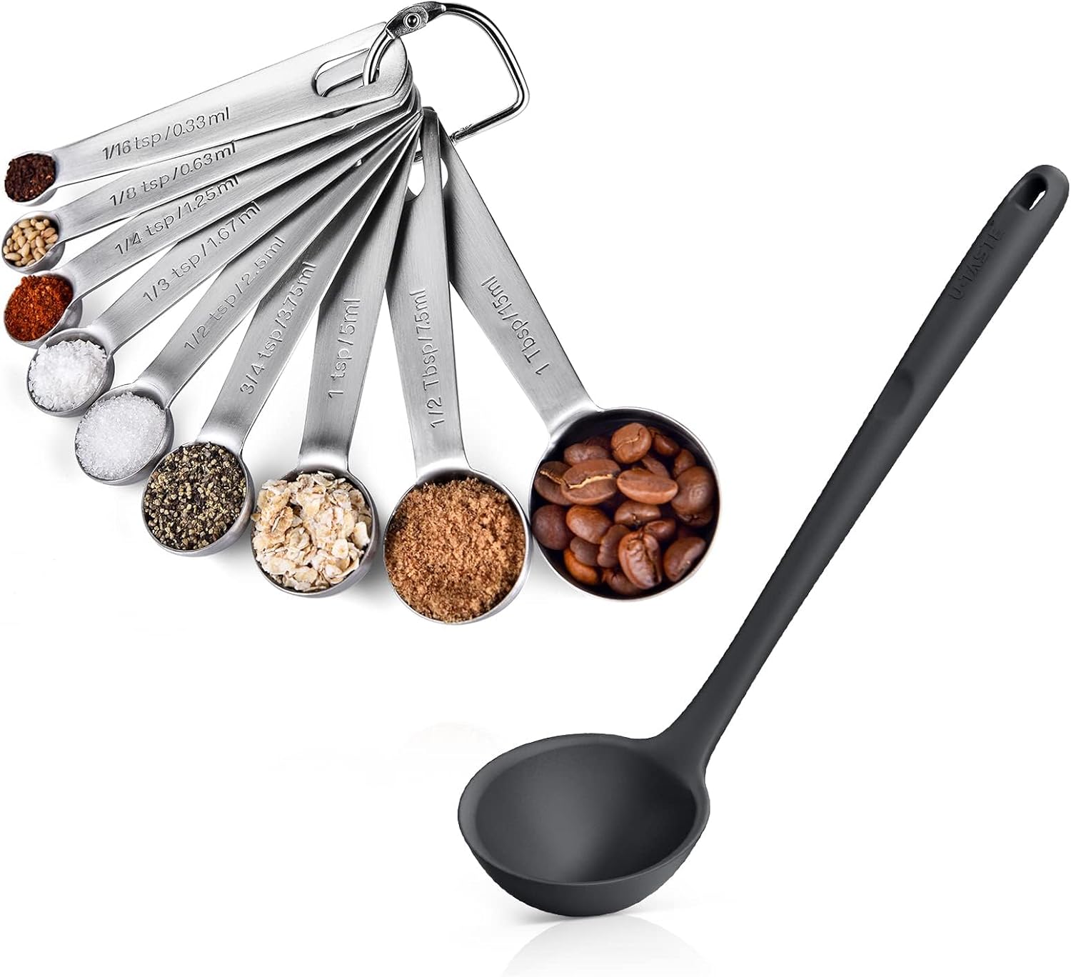 U-Taste 18/8 Stainless Steel Measuring Spoons Set for Dry and Liquid Ingredients, and 600ºF Heat Resistant 13 inch Large Non-Stick Silicone Soup Ladle (Black