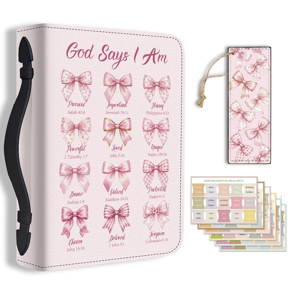 TNKBREEZE Pink Bible Cover Cute Bow PU Leather Bible Case with Bookmark