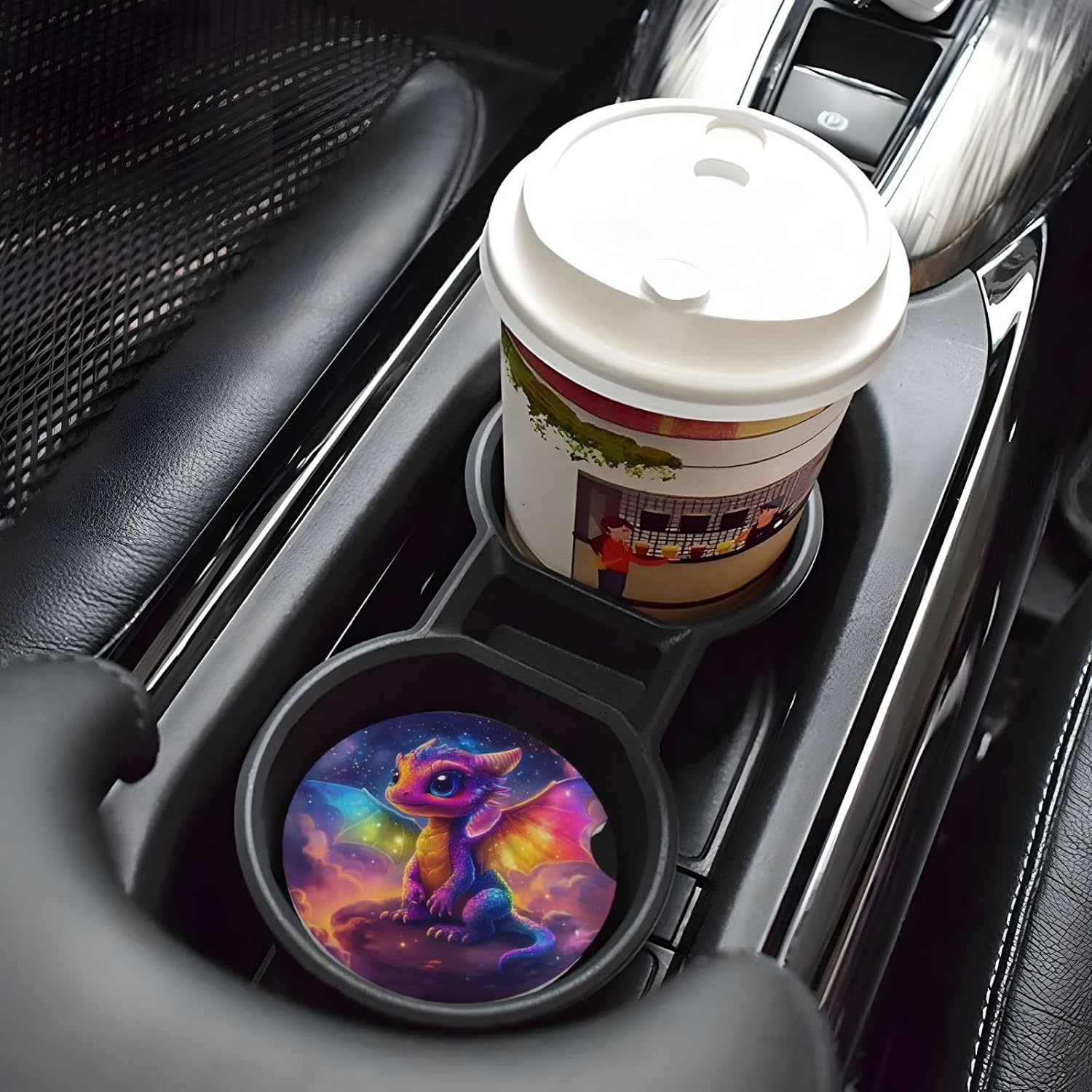 2 Pcs Car Coasters for Cup Holders,Colorful Fairy Dragon Cup Holder Coasters for Car,Ceramic Absorbent Car Coaster with A Finger Notch & Cork Base,Cars Interior Accessories for Women Men 2.56"