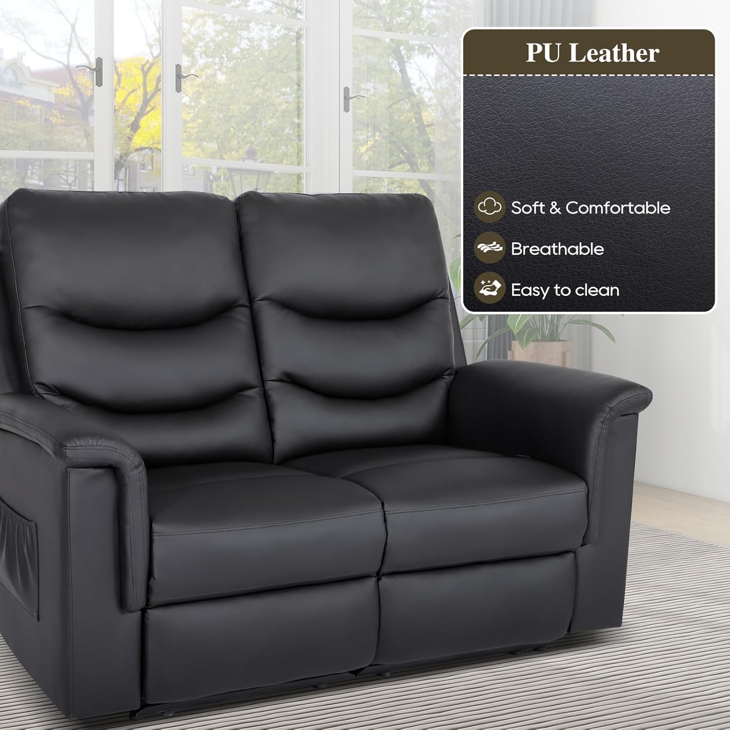 RV Loveseat Recliner Sofa, Double Recliner with Adjustable Footrest/Cup Holder/Side Pocket, RV Wall Hugger Reclining Loveseat, 2-Seater Reclining Sofa Couch for Living Room & Home Theater
