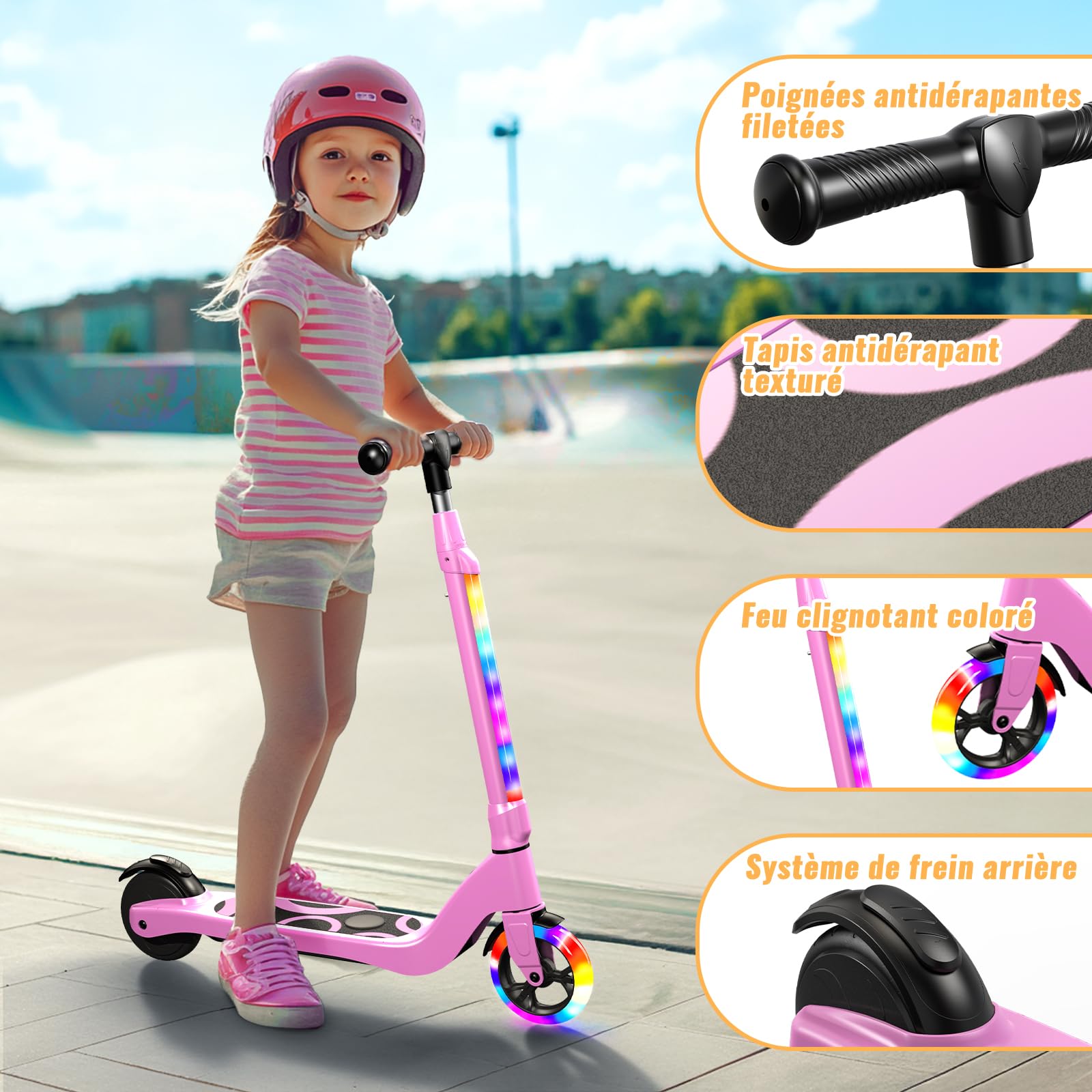 TST - Patinete eléctrico para niños de 6 a 8 a 10 años con luz LED Colorida y 3 Alturas Ajustables, 5,3 Pulgadas, Scooter eléctrico para niños, Carga máxima 70 kg, Velocidad máxima 10 km/h, autonomía