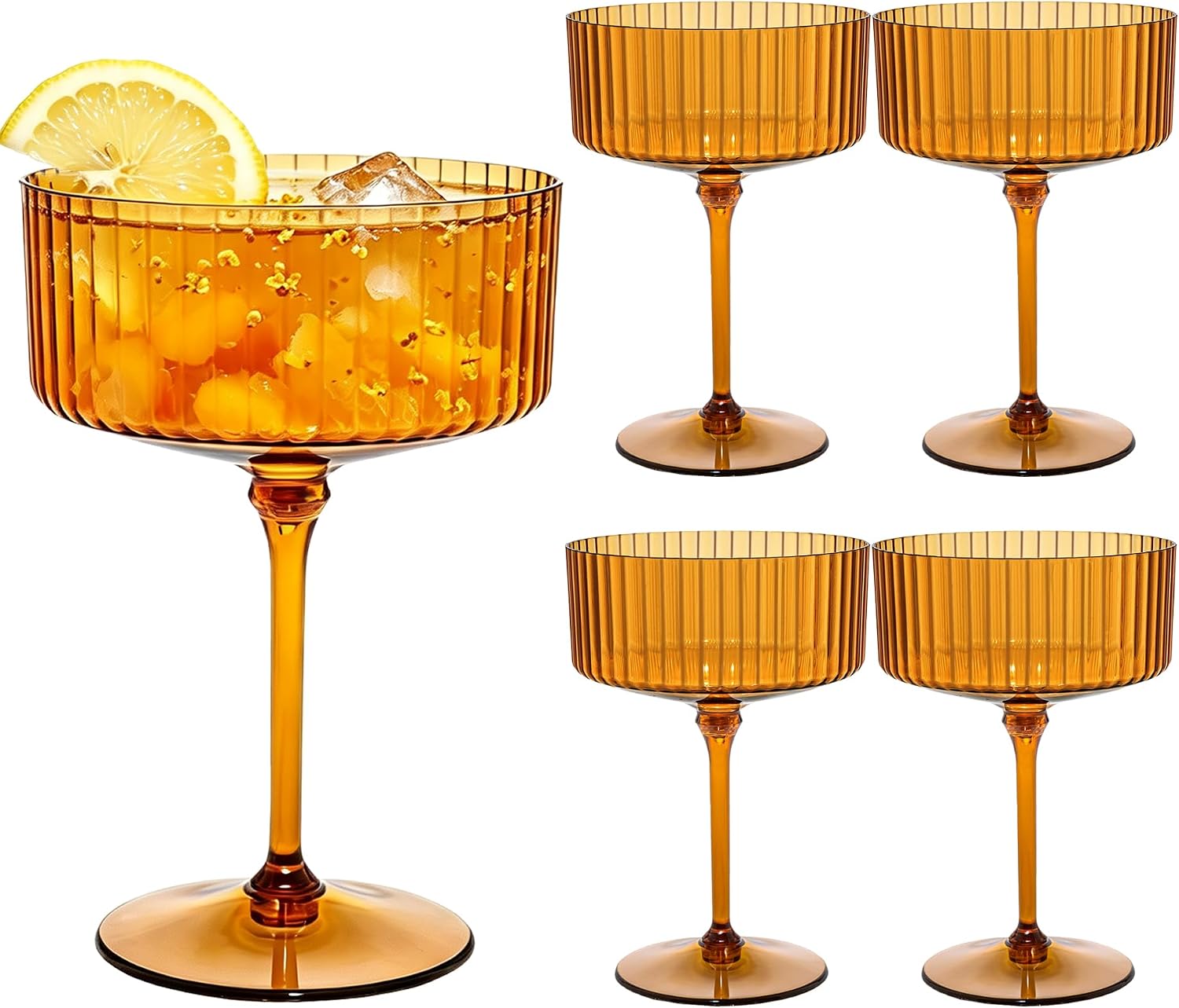 48PCS Detachable Plastic Martini Glasses, 10oz Plastic Ribbed Coupe Glasses with Stem Reusable Striped Champagne Vintage Wine Glasses Disposable Cups for Wedding Cocktail Party Bar Supplies Black