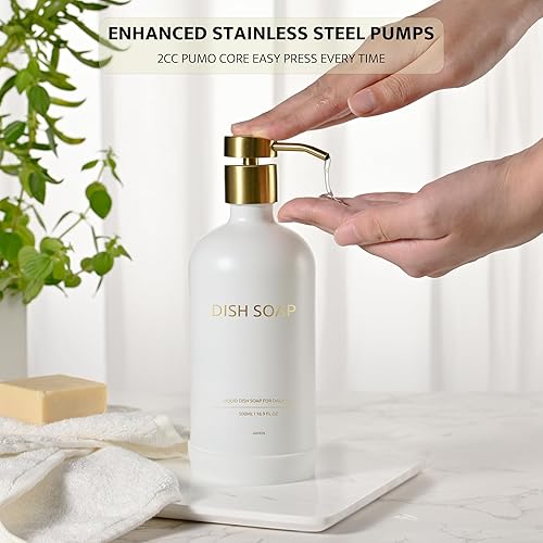 Miniatura 4 de juego de dispensador de jabón de vidrio con bandeja de cerámica, accesorios de baño de lujo, decoración moderna de cocina (blanco + dorado (jabón