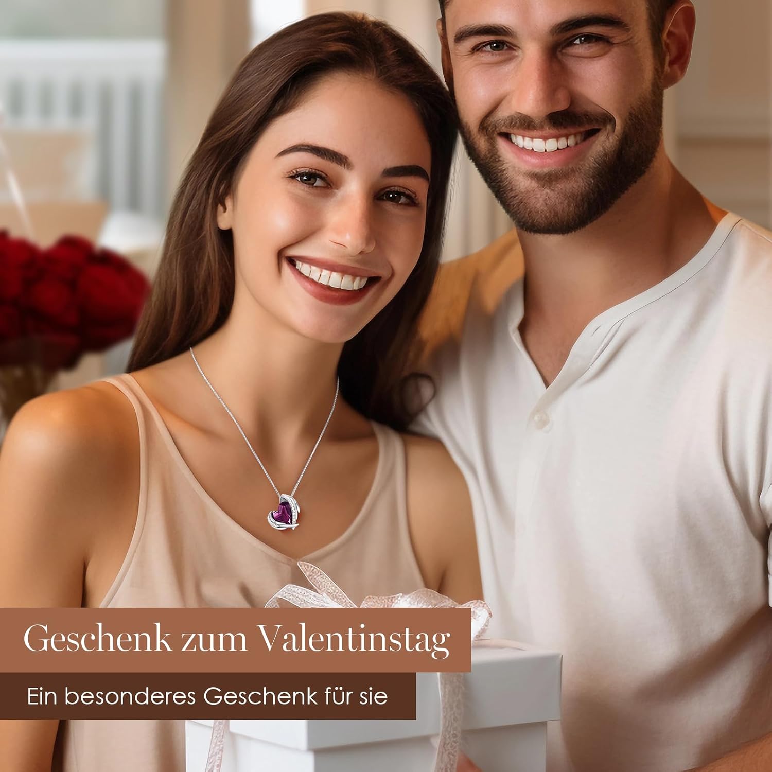 CDE Women's Necklace, Rose Gold Heart Necklace, Jewellery with Elegant Gift Packaging, Christmas Gift for Her, Wife, Girlfriend, Mum, Valentine's Day, Parties, Wedding Day, Anniversary, Birthday Rhodium-plating rose red