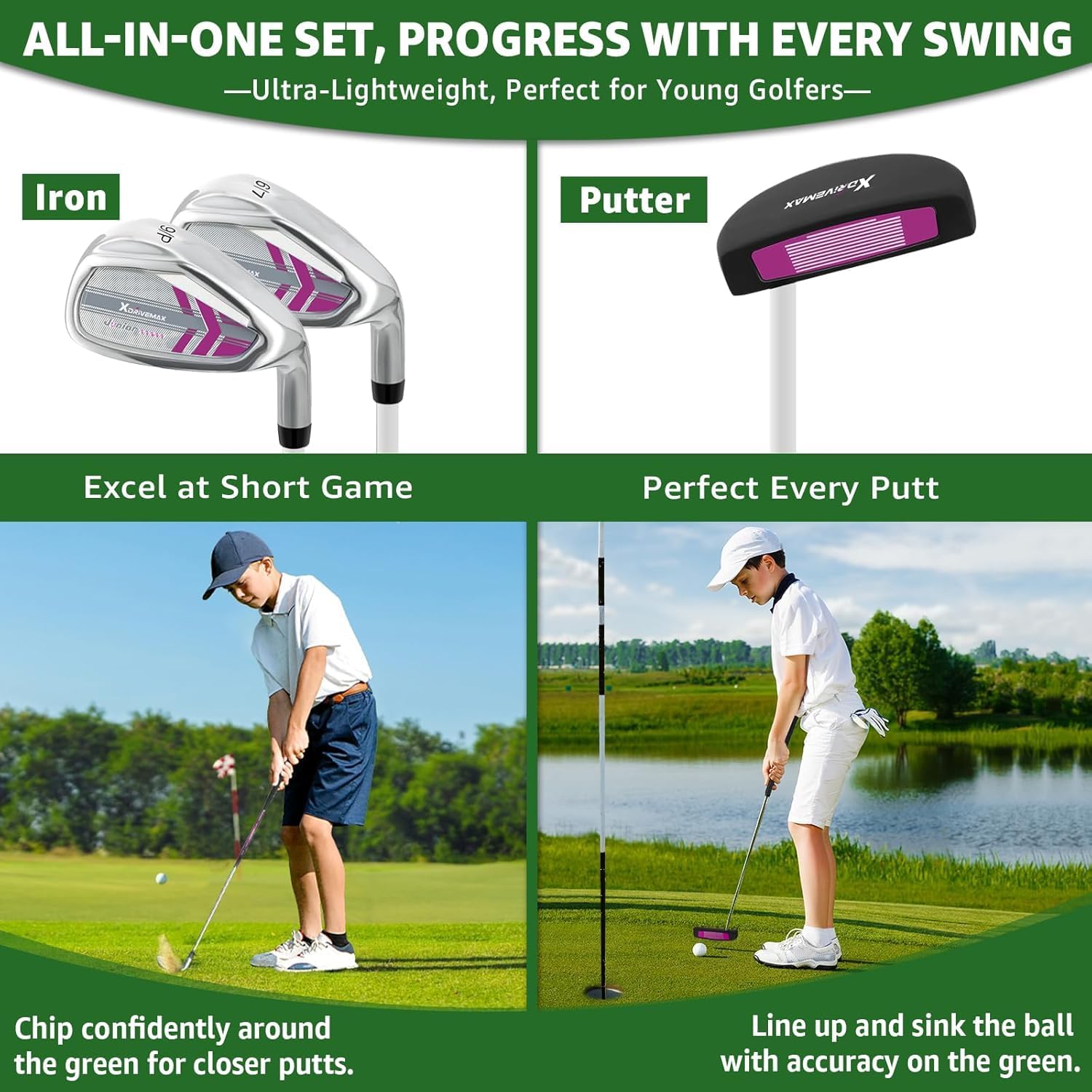 XDriveMax Junior Golf Club Set for Kids Ages 4-12, 5-6 Piece Right Hand Set with Stand Bag