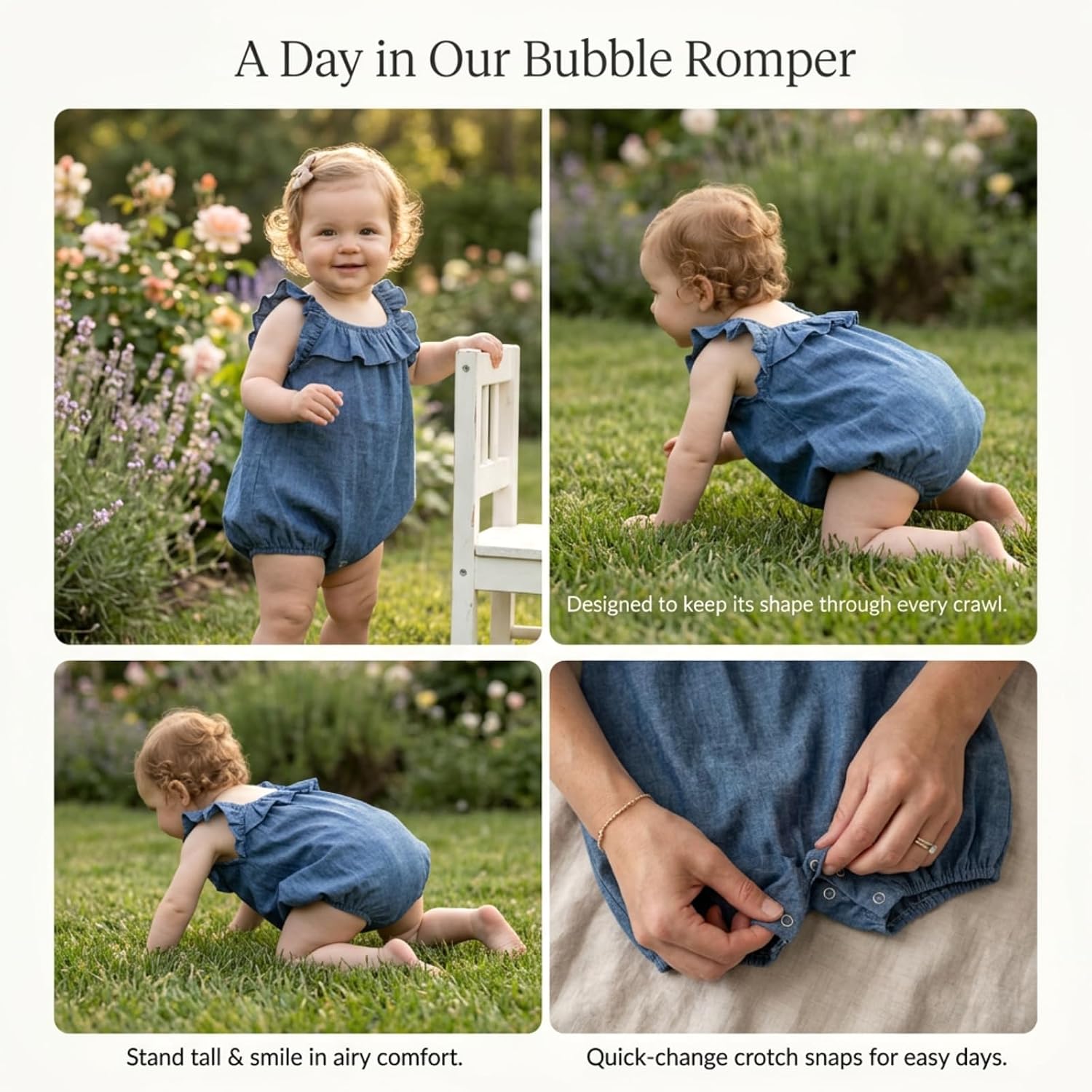 HOOLCHEAN Baby Girl Cotton Chambray Romper, Denim Blue | Ruffle neckline, easy snap bottom, 3-24 Months