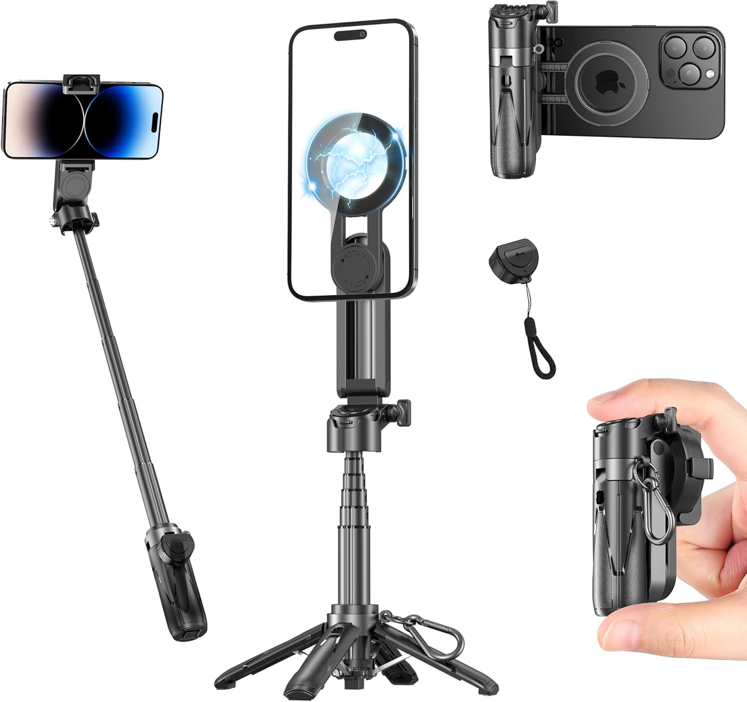 FOURPILLARS Magnetic Mini Tripod Stand for iPhone, Mini Selfie Stick Tripod with Detachable Remote, Portable Cell Phone Tripod Stand Compatible with iPhone/Android, Live Streaming, Video Recording