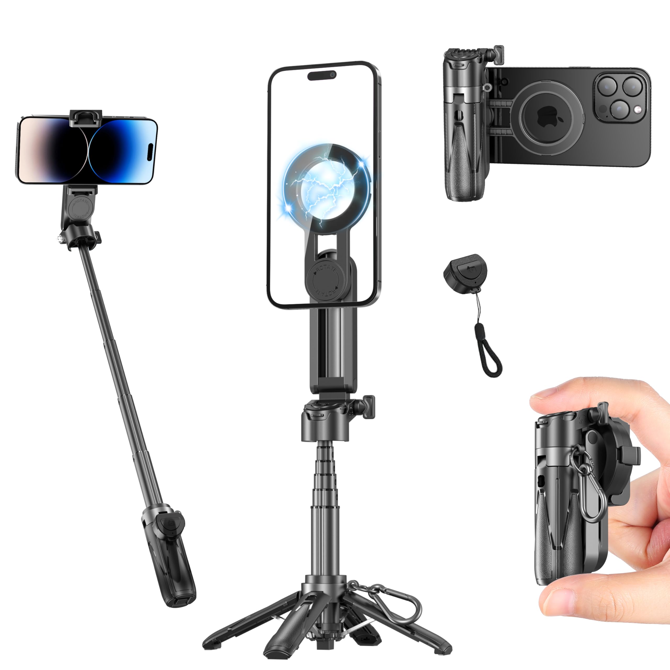 FOURPILLARS Magnetisches Mini Selfie Stick Stativ, Tragbares Selfiestick Klein mit Abnehmbarer Bluetooth-Fernbedienung für Fotos, 360° Drehung, Kompatibe mit iPhone & Android