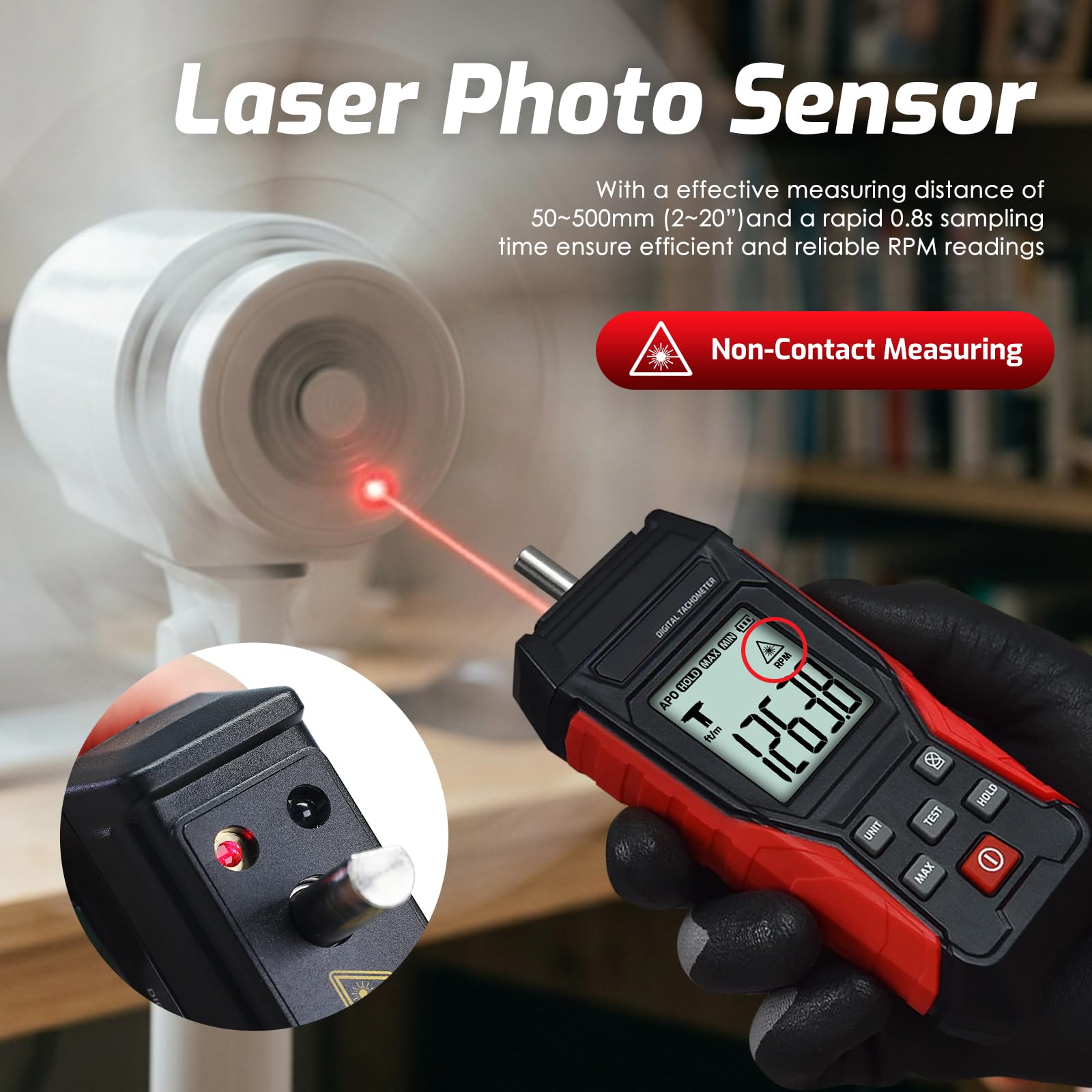 2-in-1 Digitales Drehzahlmessgerät | Präzisions-Kontakt- & Laser-Drehzahlmesser | 3-99999 RPM, 0,8s Abtastung, beleuchtetes LCD & Data Hold | Komplett-Set für Auto & HVAC
