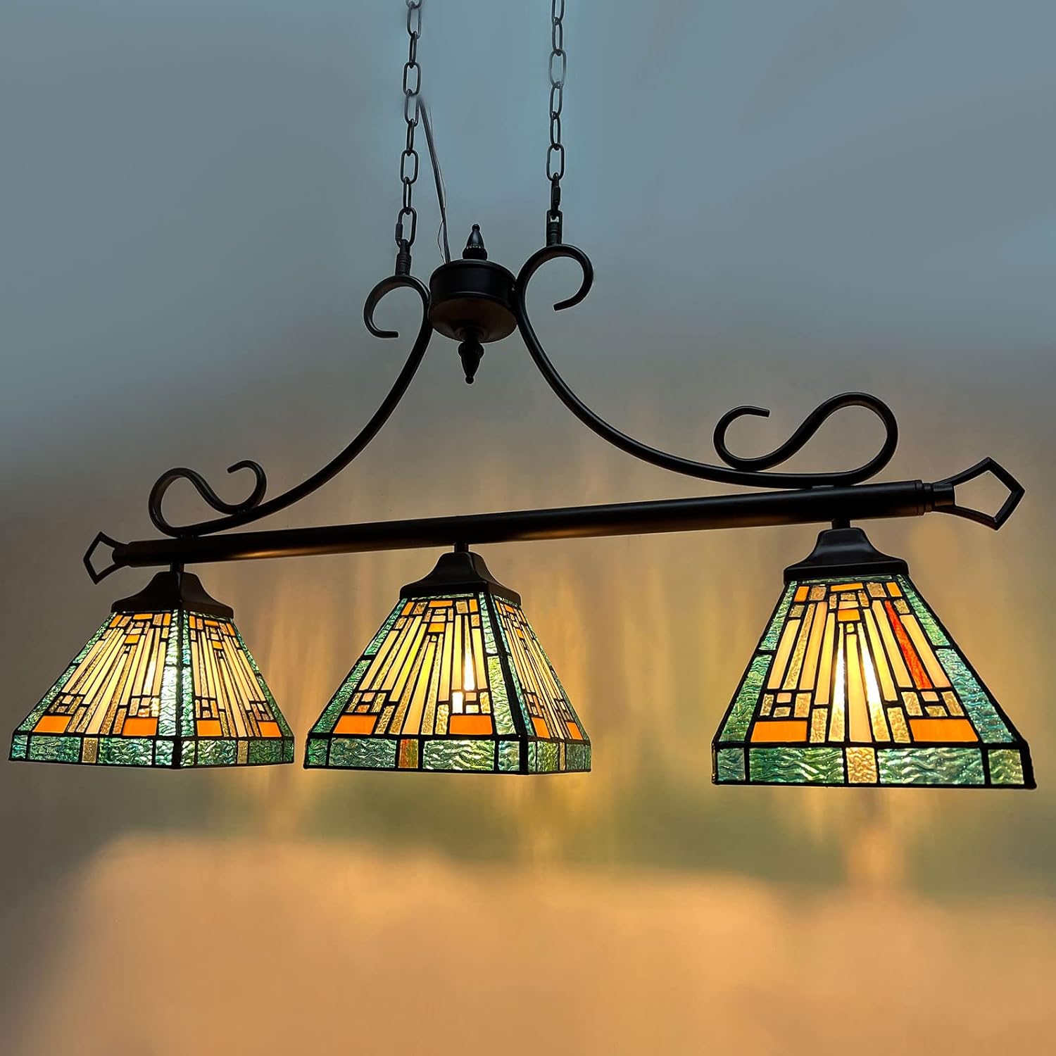 Capulina Tiffany Lamp Stained Glass Pendant Light 3-Lights 7 Inches Wide Vintage Antique Tiffany Style Chandelier Pendant Lighting Fixture for Rustic Farmhouse Kitchen Island Dining Room