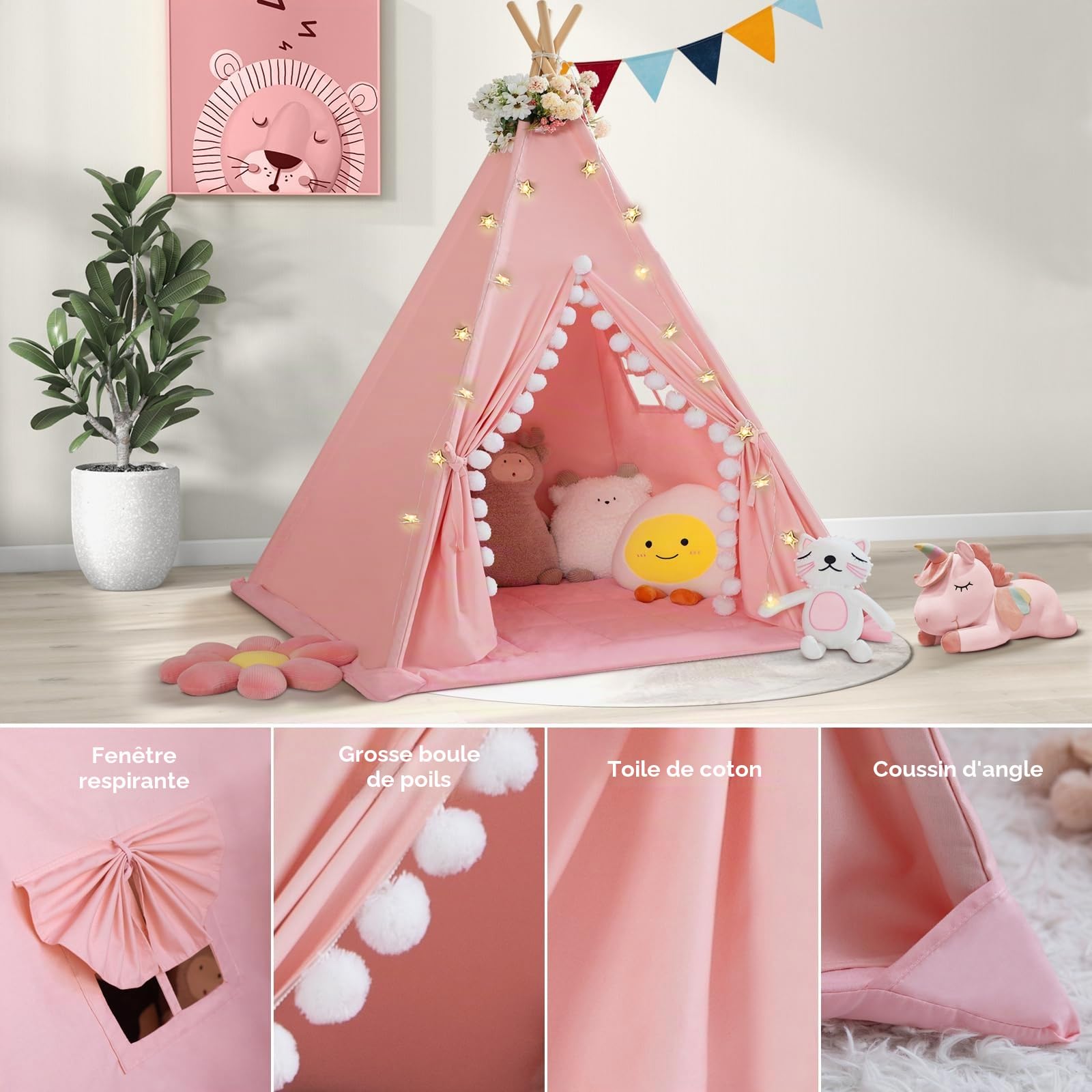 WIRHAO Tente tipi pour enfants avec tapis rembourré en toile de coton avec pompon pour tout-petits, tente de jeu d'intérieur pour filles et garçons avec lumières étoilées, sac de transport, fanion