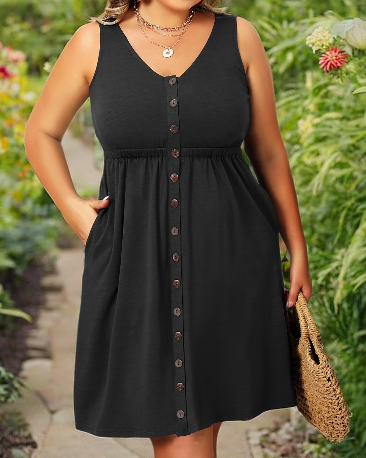 Holipick Women's Plus Size Summer Dresses for Women Casual Dress with Pockets A-Line Swing Button Down Sleeveless V Neck - Image 6