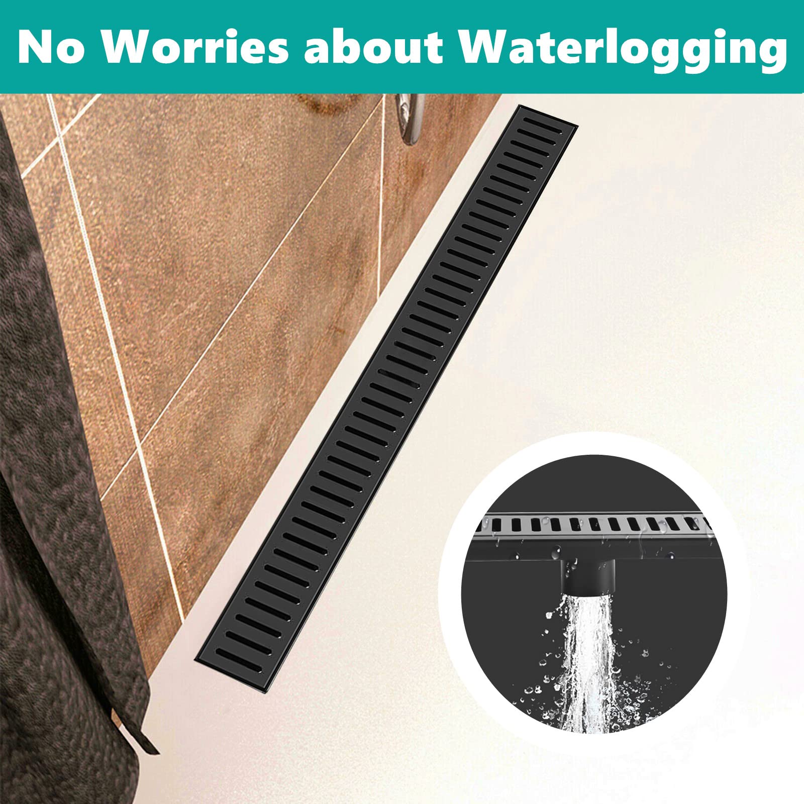 BARONAGE 36-Inch Linear Shower Drain - Matte Black Stainless Steel, 2-in-1 Tile Insert Cover, Adjustable Feet