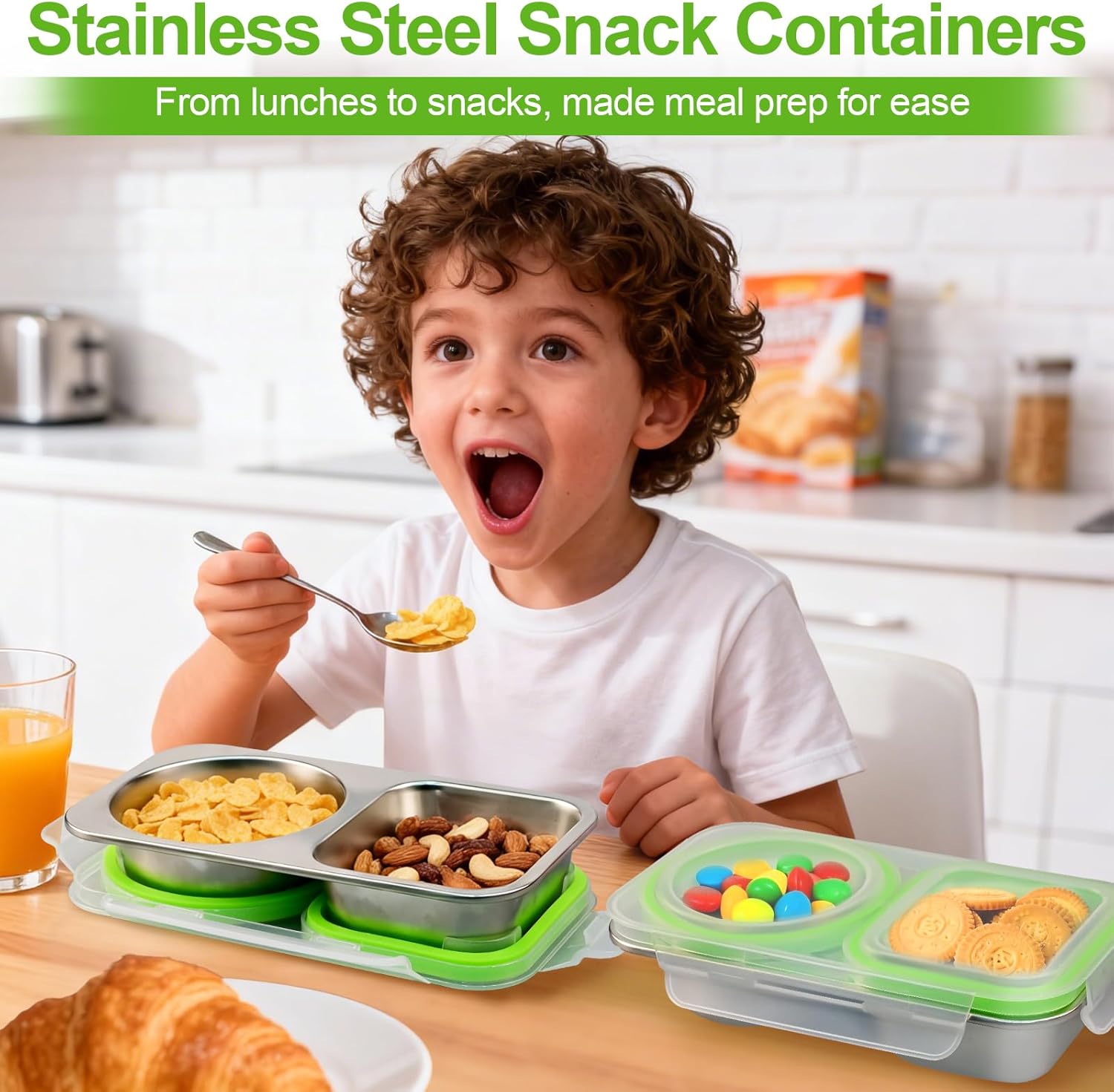 2Pack Stainless Steel Snack Containers with Lids, 13oz 2 Compartment Snackle Box, Leakproof Reusable Bento Box Metal Lunch Container Food Storage for Travel, Picnics, Office (Green) - Image 6